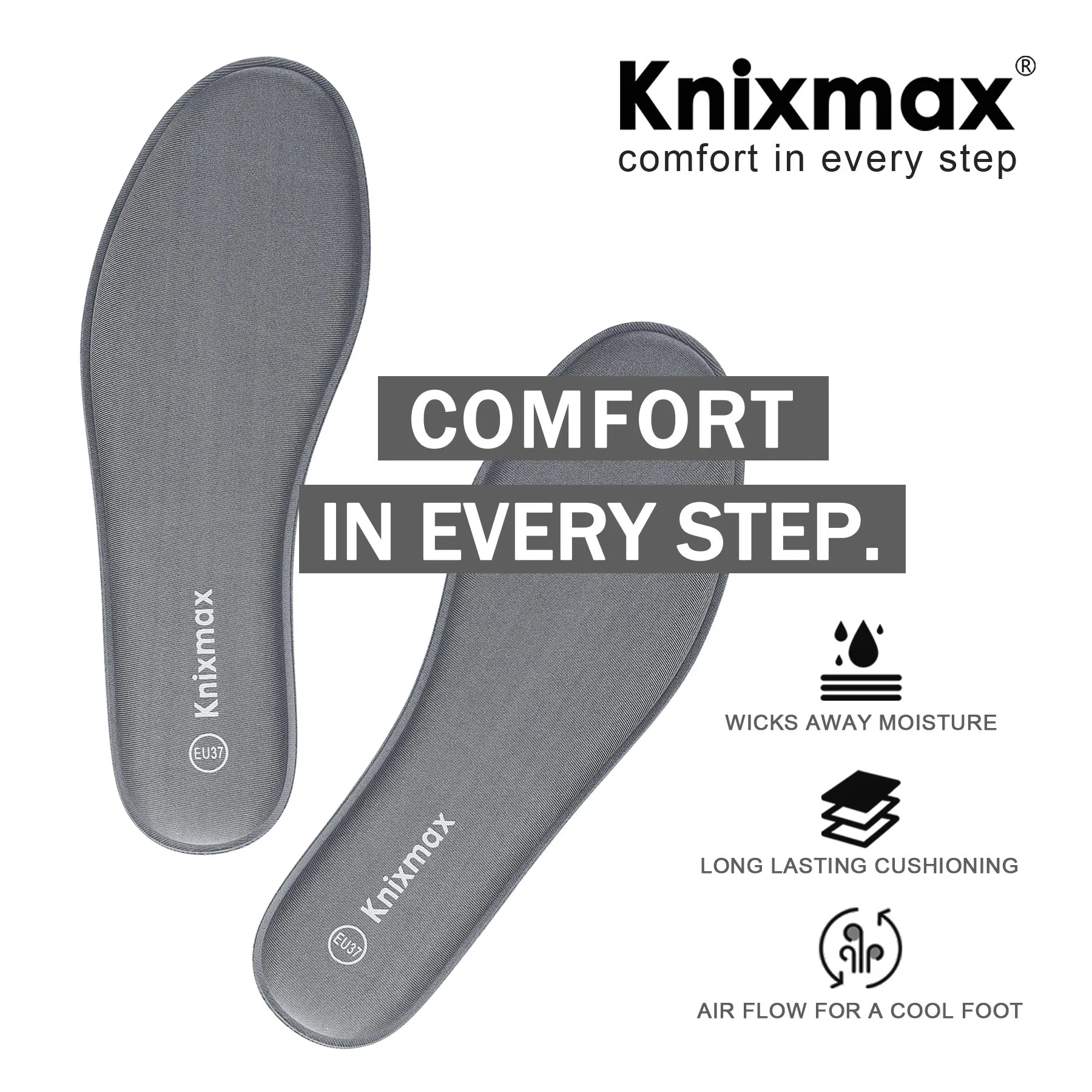 Knixmax Men's Memory Foam Insoles, Grey, for Athletic Shoes & Sneakers