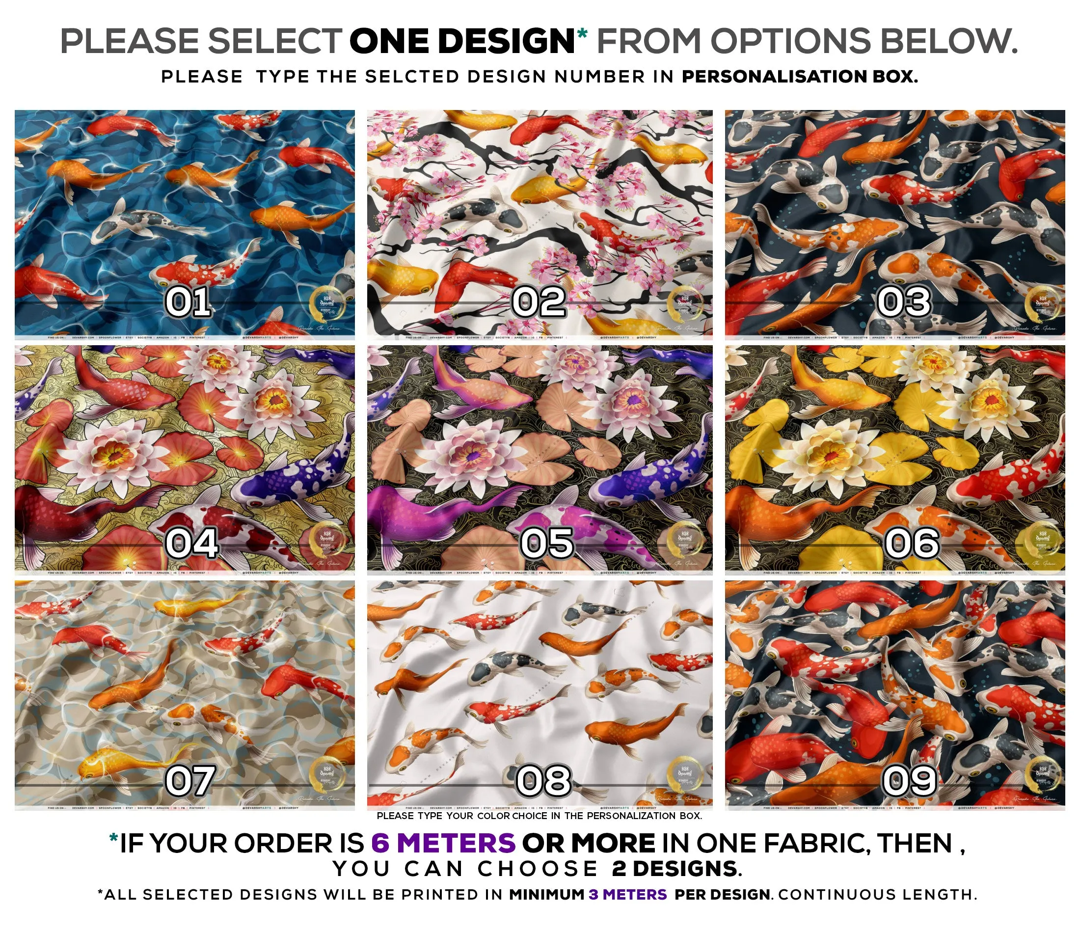 KOI FISH Upholstery Fabric 3meters 9 Designs & 12 Furnishing Fabrics Colorful Fish Fabric By the Yard  | 049