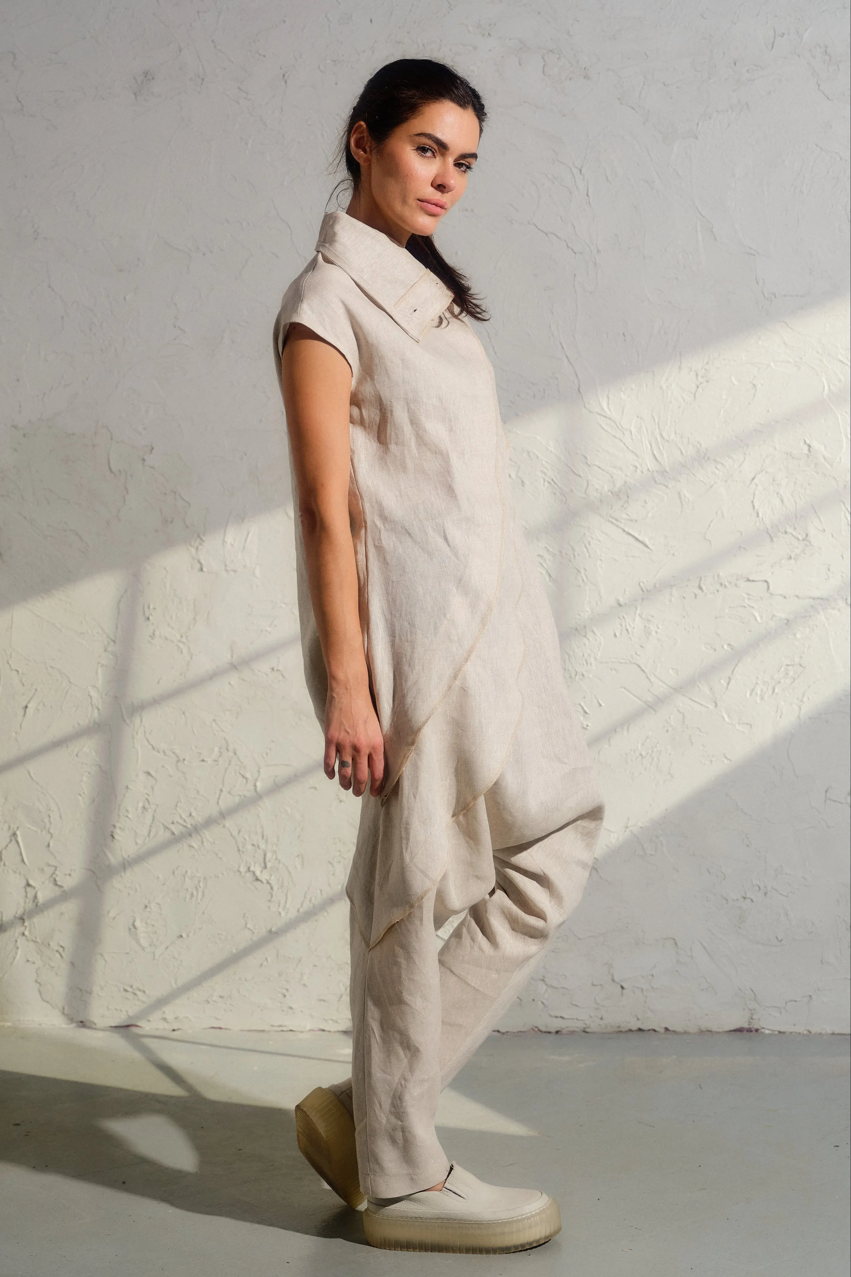 Light beige linen drop crotch jumpsuit