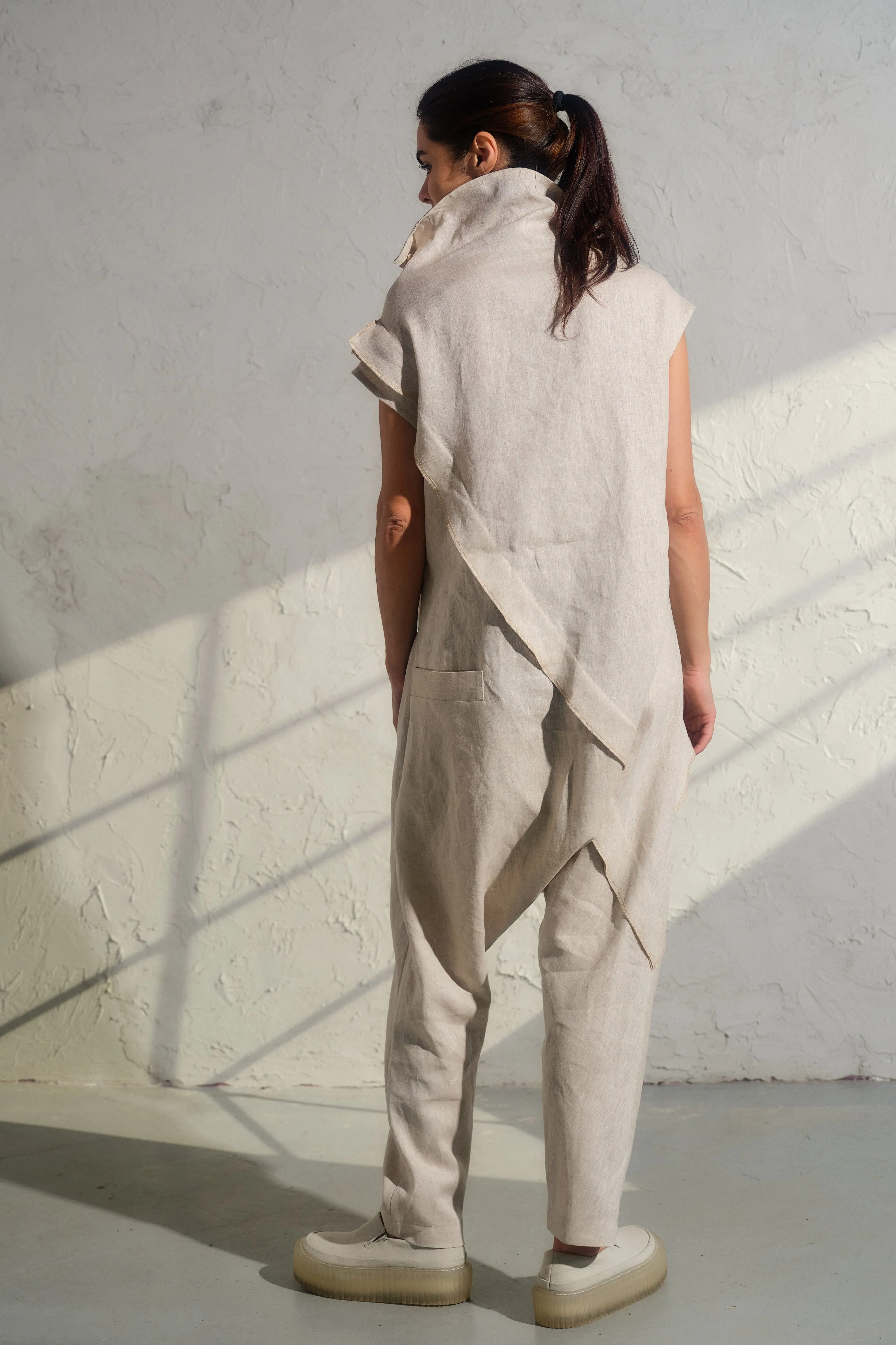 Light beige linen drop crotch jumpsuit