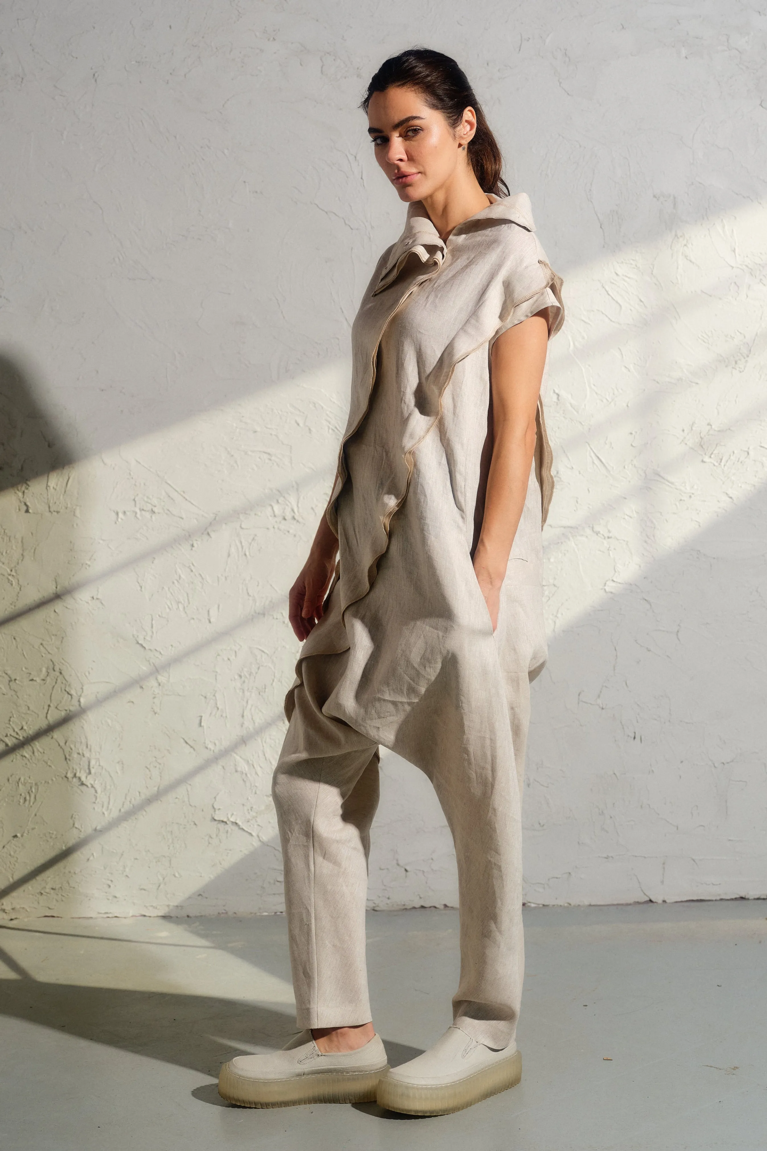 Light beige linen drop crotch jumpsuit