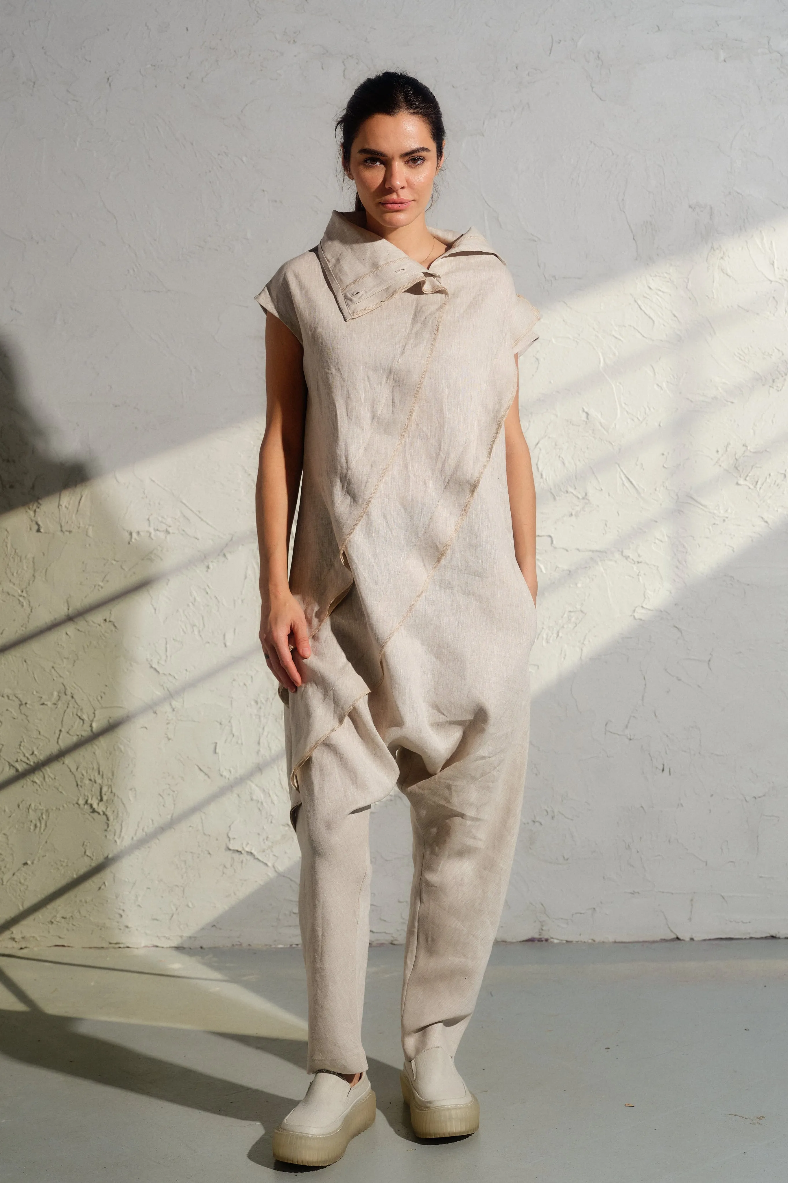 Light beige linen drop crotch jumpsuit