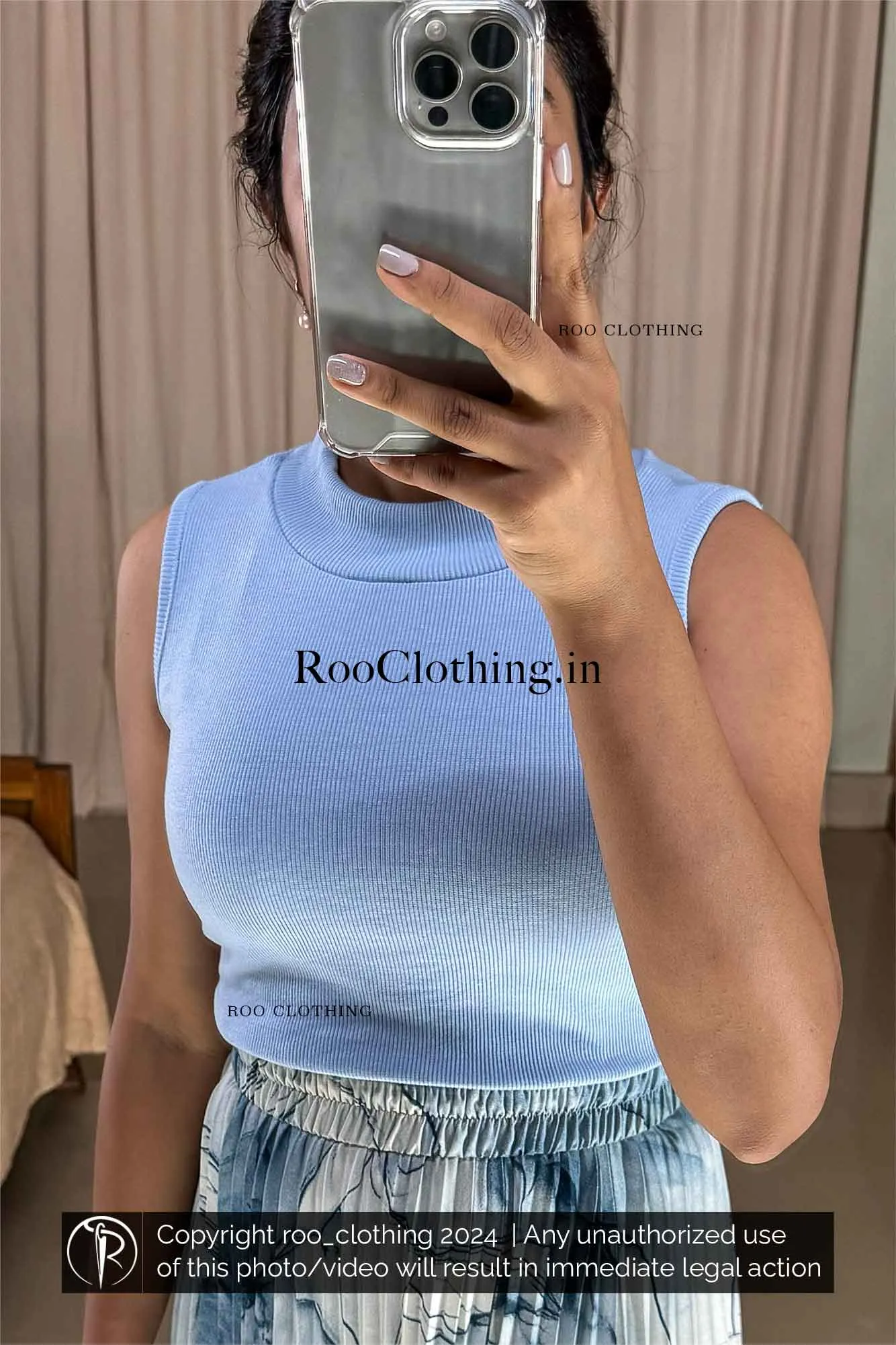 Light Blue Turtle-Neck Sleeveless Crop Top Only