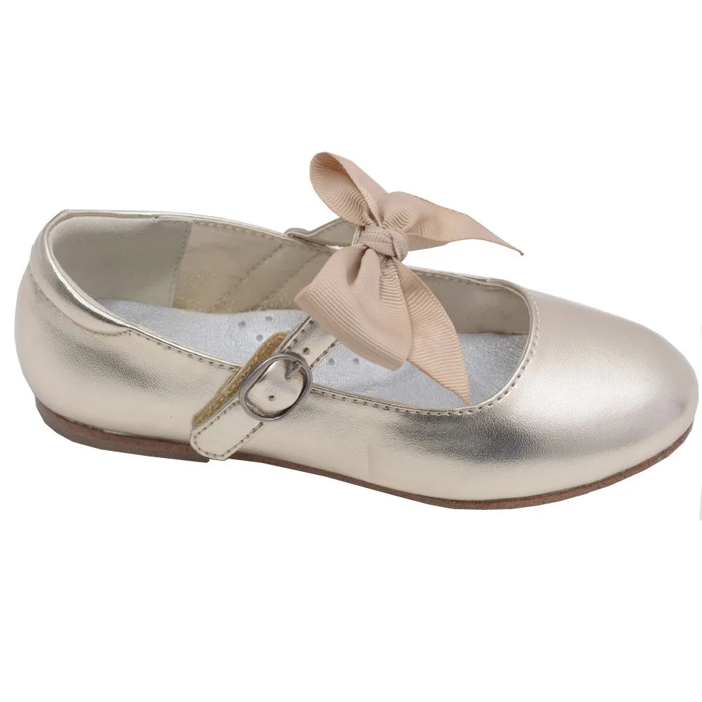 Little Big Girls Gold Grosgrain Bow Flats Dress Shoes 11-4 Kids