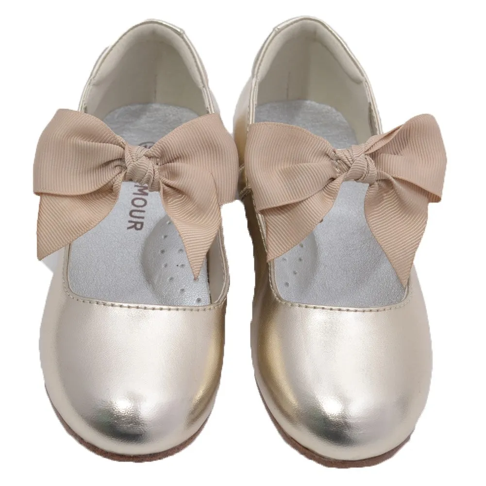 Little Big Girls Gold Grosgrain Bow Flats Dress Shoes 11-4 Kids