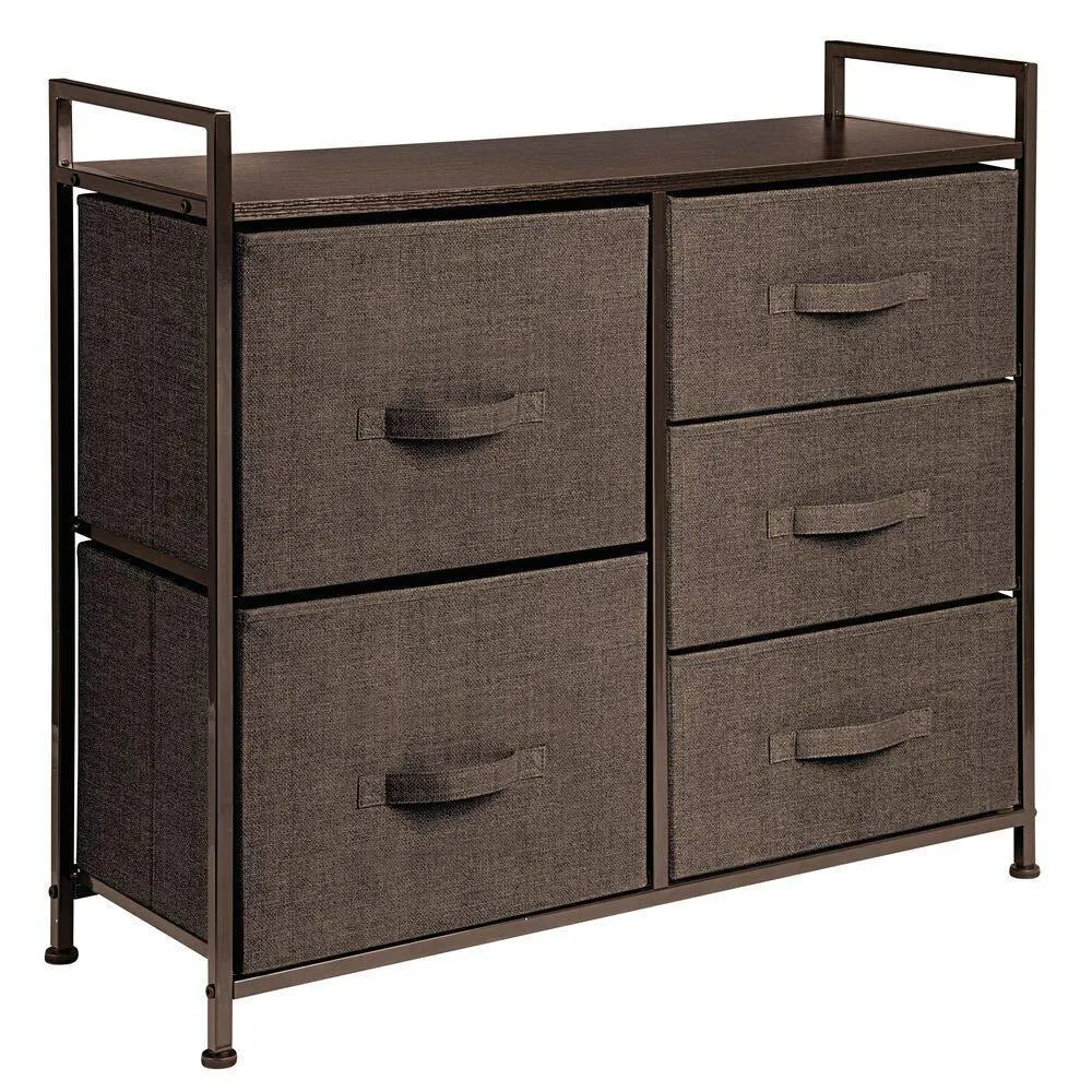 mDesign Wide Dresser Storage Tower - Sturdy Steel Frame, Wood Top, Easy Pull Fabric Bins - Organizer Unit for Bedroom, Hallway, Entryway, Closets - Textured Print, 5 Drawers - Espresso Brown