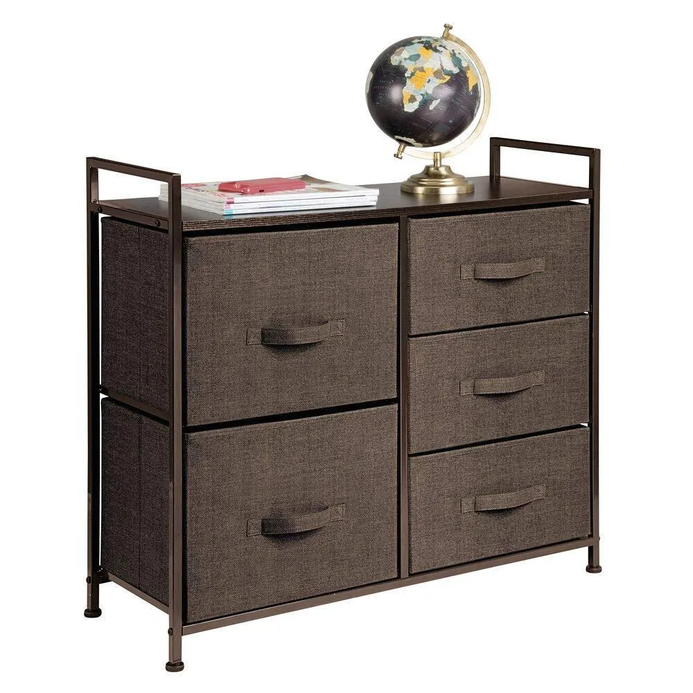 mDesign Wide Dresser Storage Tower - Sturdy Steel Frame, Wood Top, Easy Pull Fabric Bins - Organizer Unit for Bedroom, Hallway, Entryway, Closets - Textured Print, 5 Drawers - Espresso Brown