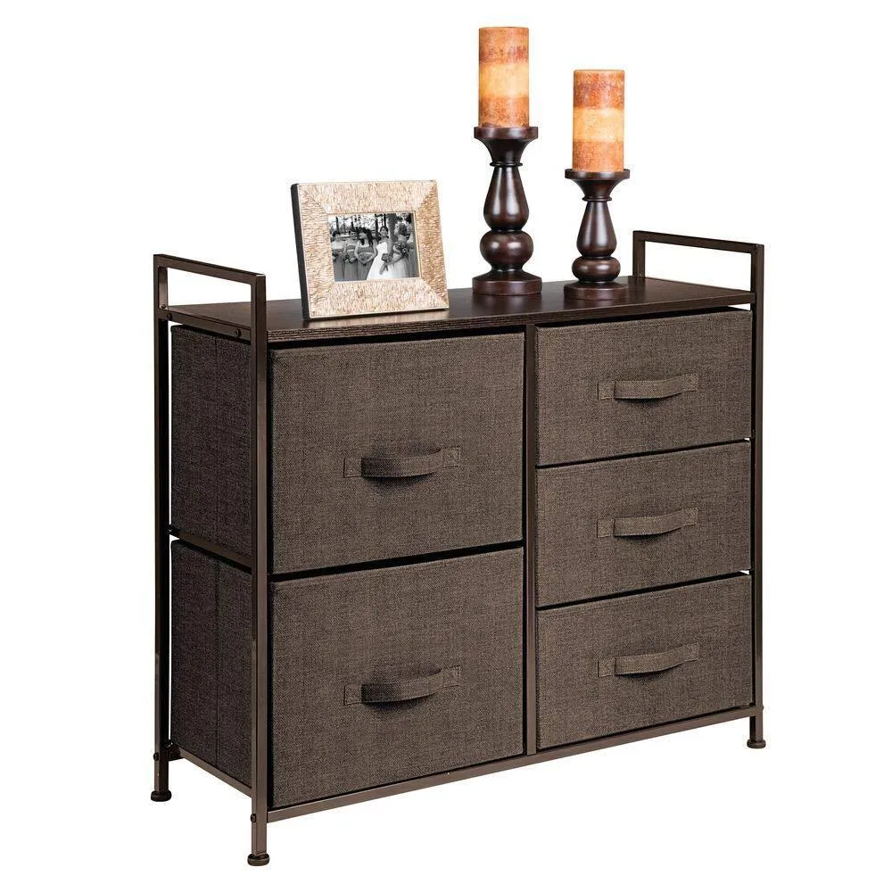 mDesign Wide Dresser Storage Tower - Sturdy Steel Frame, Wood Top, Easy Pull Fabric Bins - Organizer Unit for Bedroom, Hallway, Entryway, Closets - Textured Print, 5 Drawers - Espresso Brown