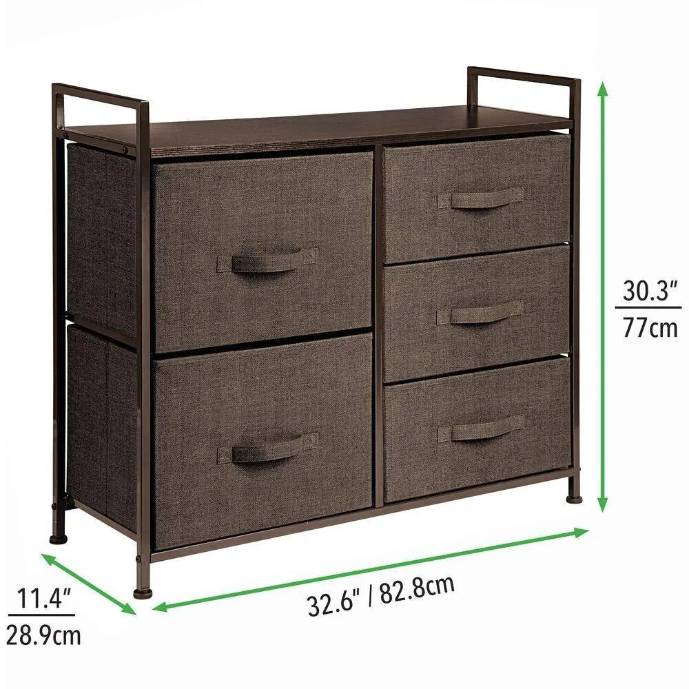 mDesign Wide Dresser Storage Tower - Sturdy Steel Frame, Wood Top, Easy Pull Fabric Bins - Organizer Unit for Bedroom, Hallway, Entryway, Closets - Textured Print, 5 Drawers - Espresso Brown