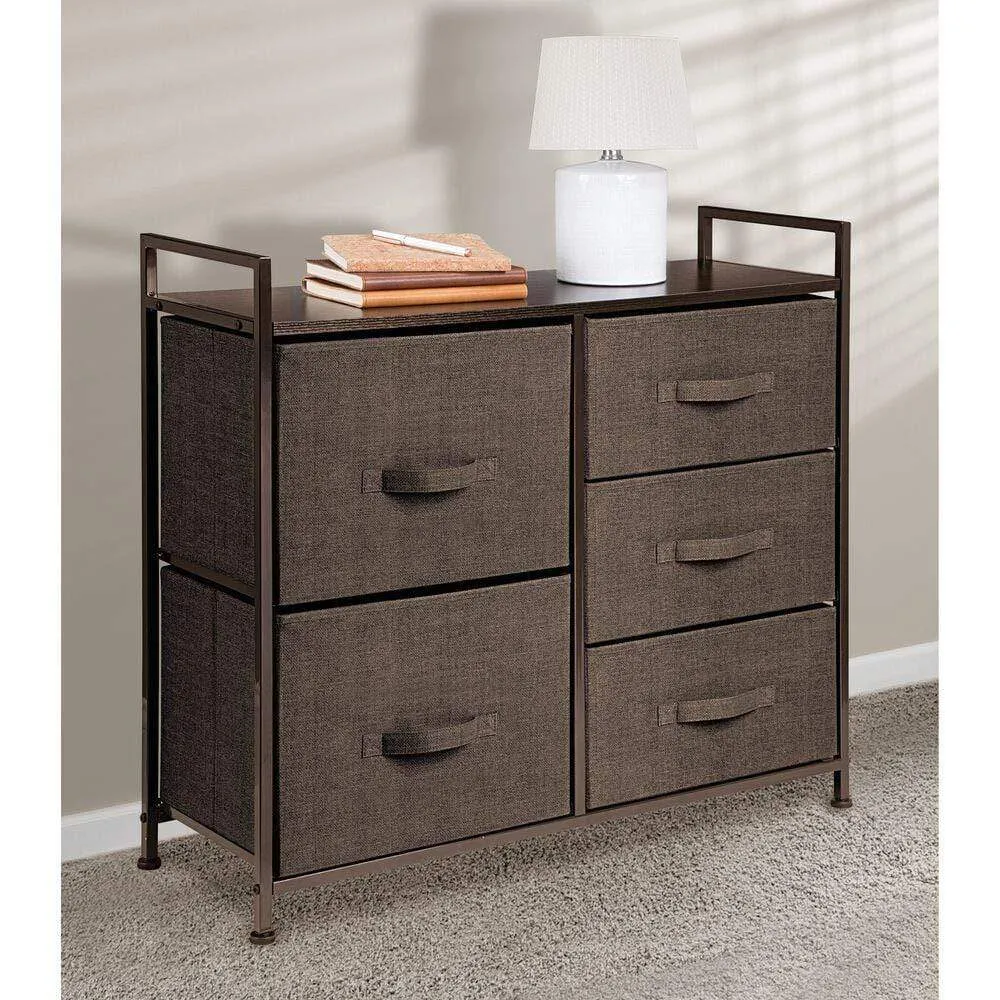 mDesign Wide Dresser Storage Tower - Sturdy Steel Frame, Wood Top, Easy Pull Fabric Bins - Organizer Unit for Bedroom, Hallway, Entryway, Closets - Textured Print, 5 Drawers - Espresso Brown