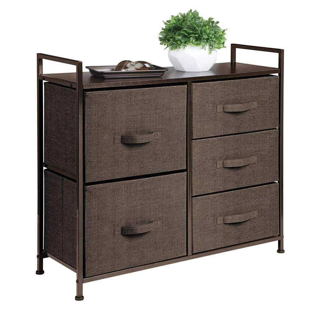 mDesign Wide Dresser Storage Tower - Sturdy Steel Frame, Wood Top, Easy Pull Fabric Bins - Organizer Unit for Bedroom, Hallway, Entryway, Closets - Textured Print, 5 Drawers - Espresso Brown