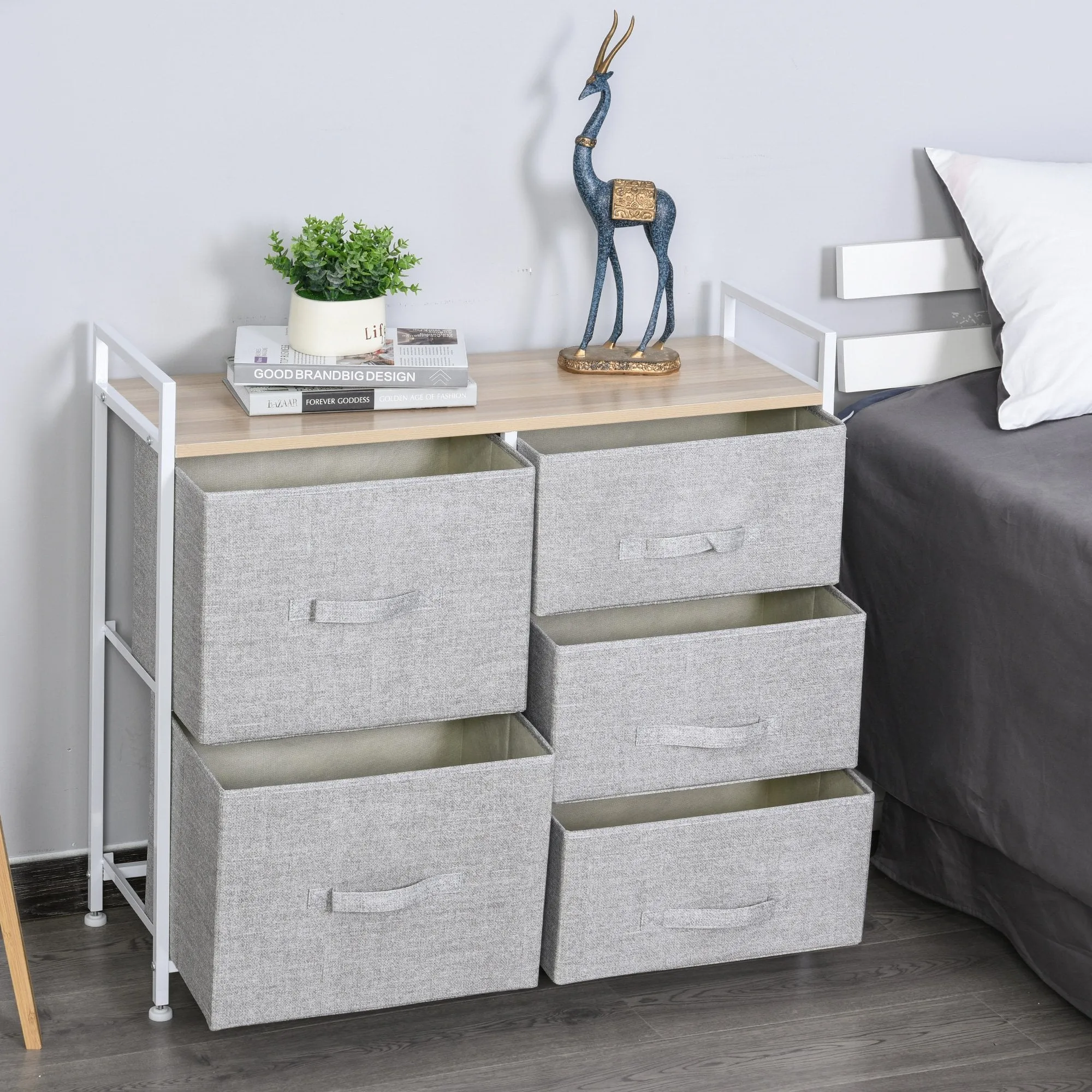 Metal Frame 5-Fabric Drawer Home Storage Unit Grey