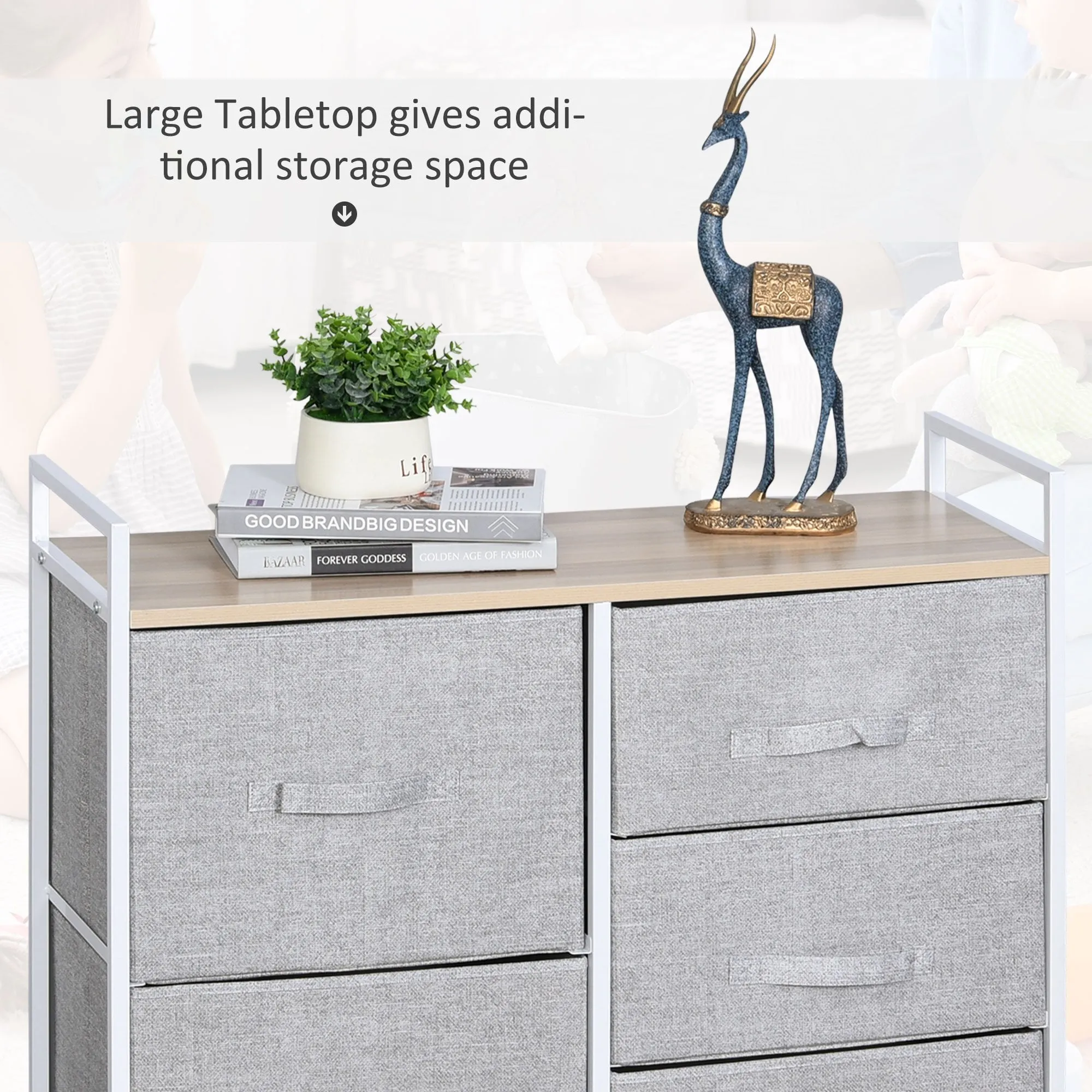 Metal Frame 5-Fabric Drawer Home Storage Unit Grey