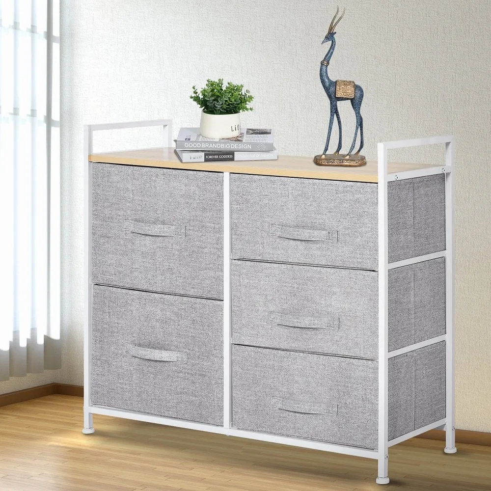 Metal Frame 5-Fabric Drawer Home Storage Unit Grey