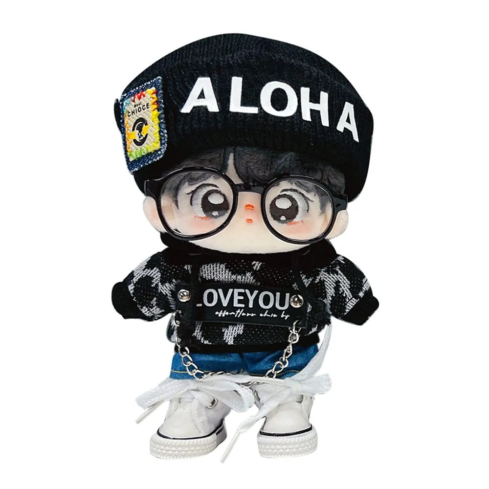 niannyyhouse 10cm Plush Doll Clothes Leopard Print Set Hat Hoodie Jeans Canvas Shoes Glasses Doll Accessories