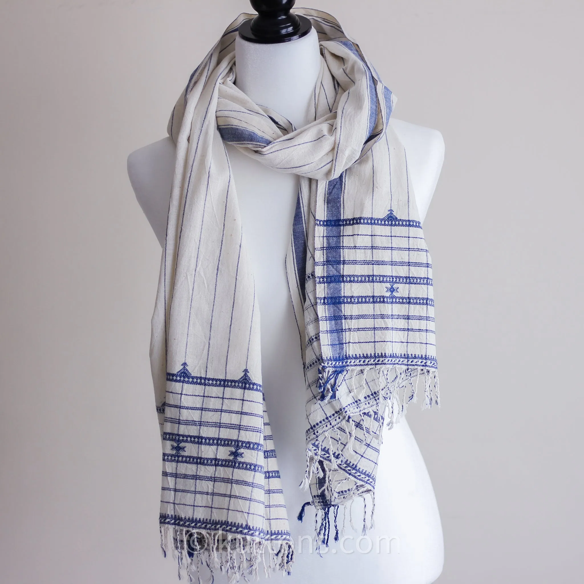 Organic Cotton Wrap with Tassels - Handwoven Genetically Pure Organic Kala Cotton Scarf | White, 23"x76" (multiple designs)