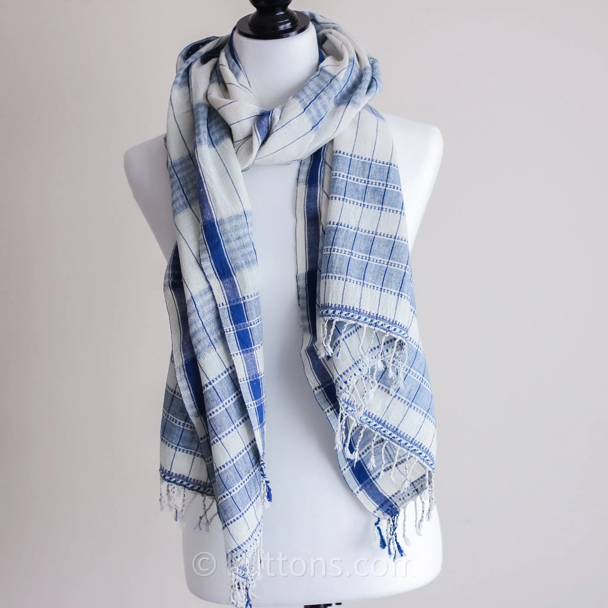 Organic Cotton Wrap with Tassels - Handwoven Genetically Pure Organic Kala Cotton Scarf | White, 23"x76" (multiple designs)