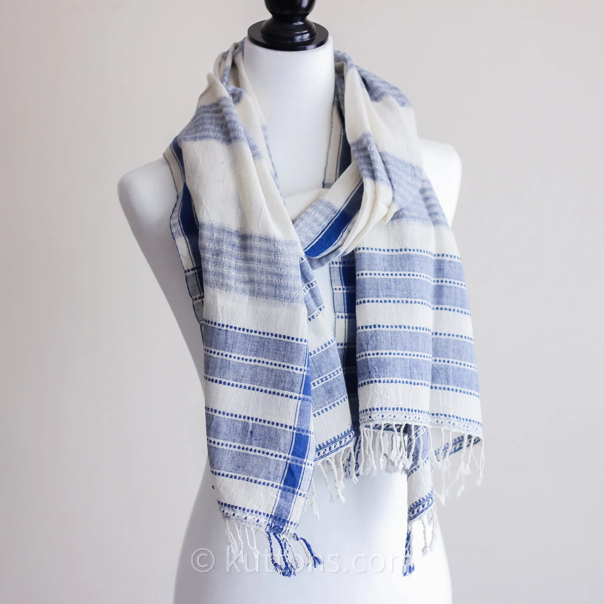 Organic Cotton Wrap with Tassels - Handwoven Genetically Pure Organic Kala Cotton Scarf | White, 23"x76" (multiple designs)