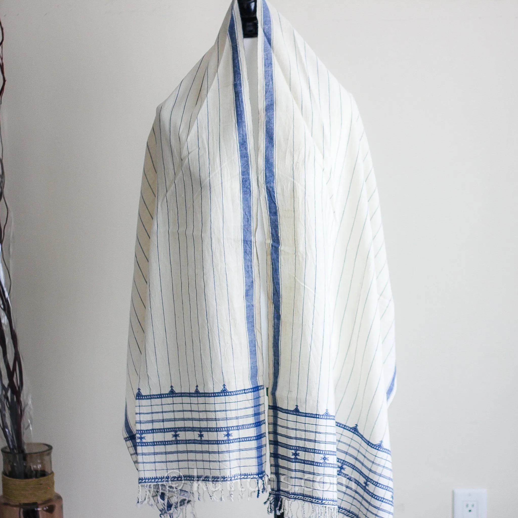 Organic Cotton Wrap with Tassels - Handwoven Genetically Pure Organic Kala Cotton Scarf | White, 23"x76" (multiple designs)