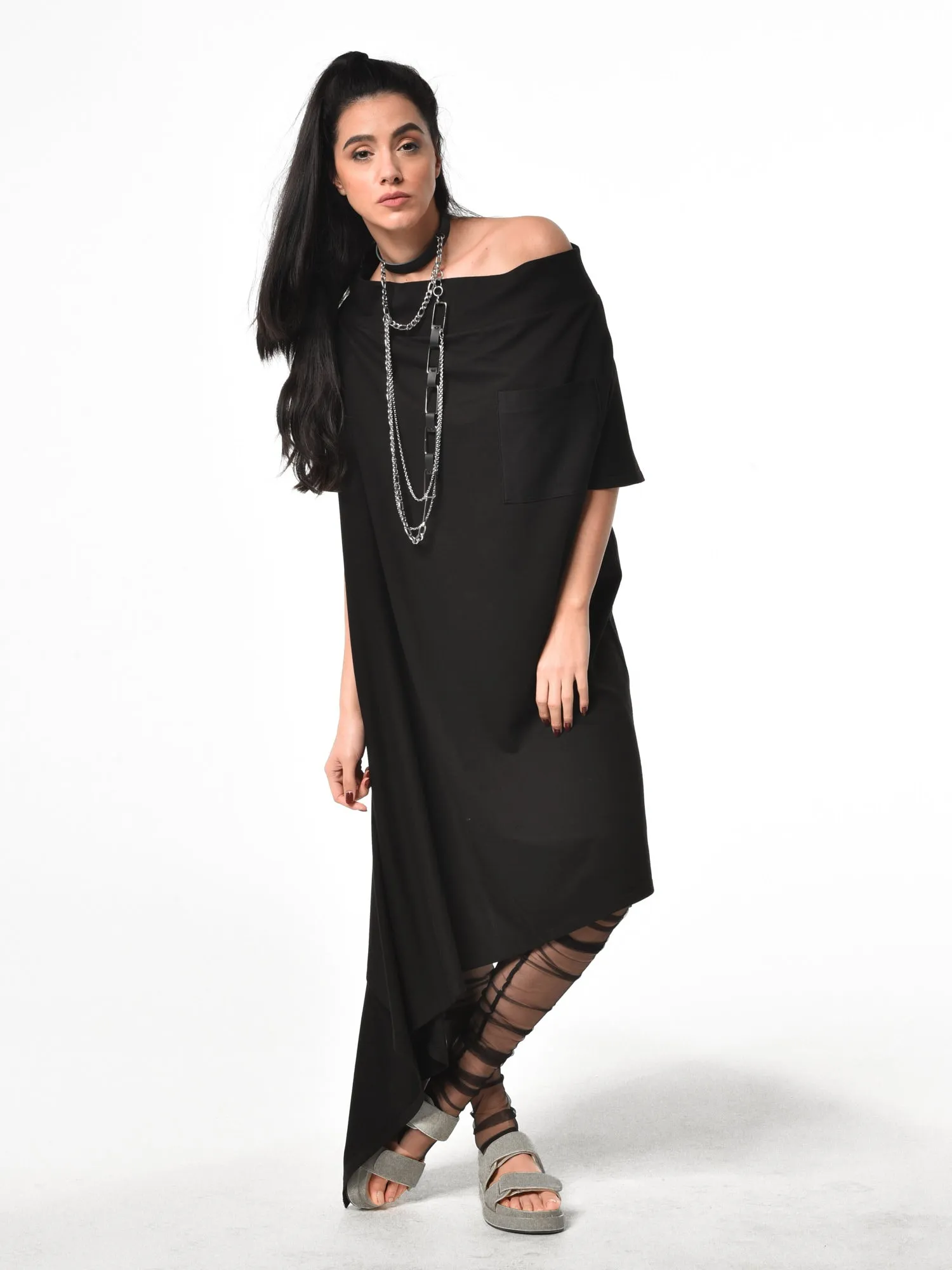 Oversize Open Shoulder Black Dress