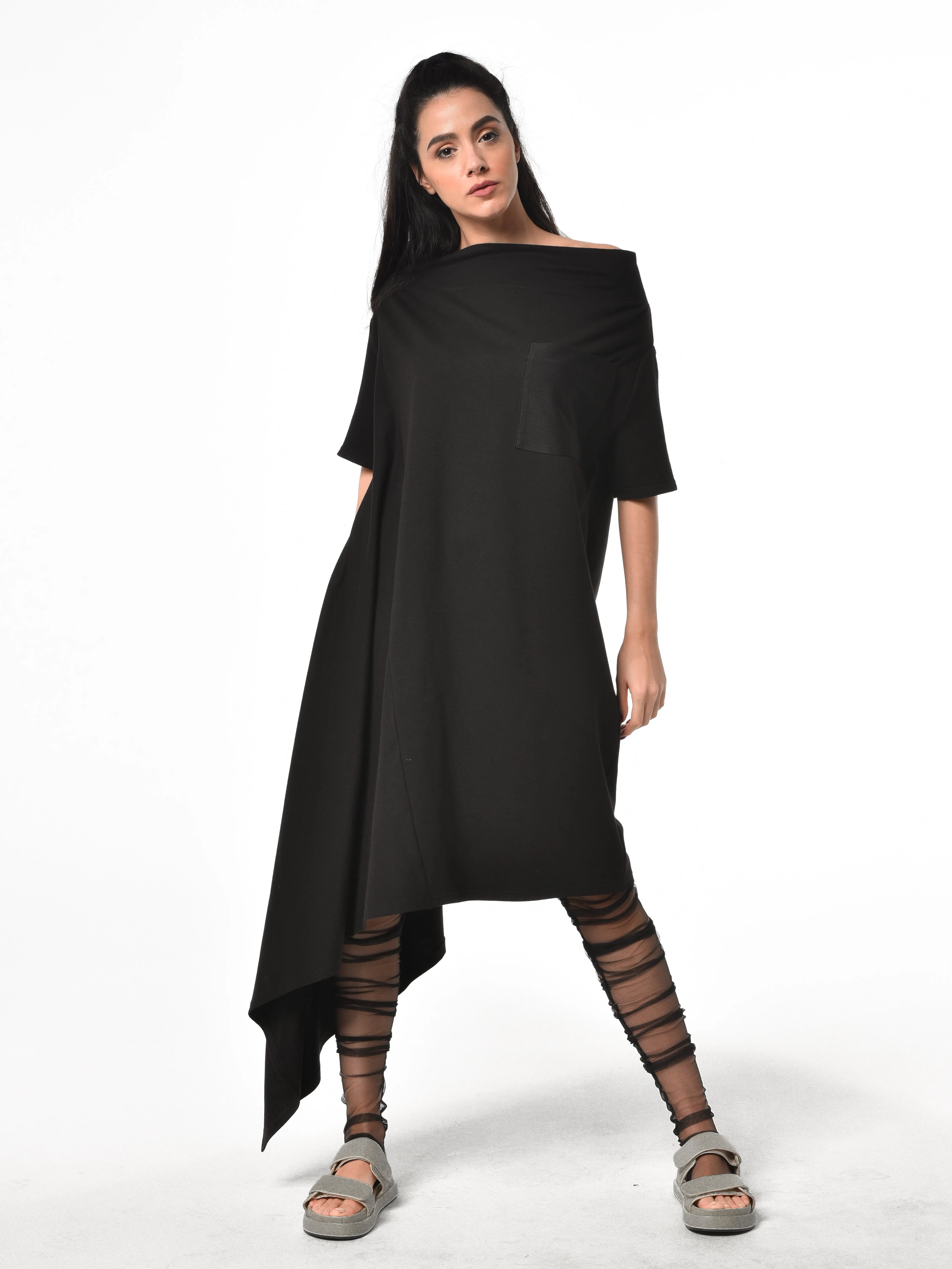 Oversize Open Shoulder Black Dress