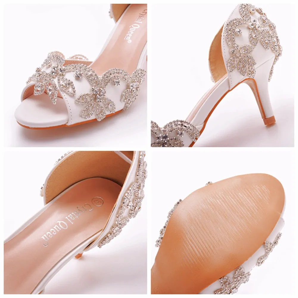 Peep Toe Satin Rhinestone Slip On High Heel