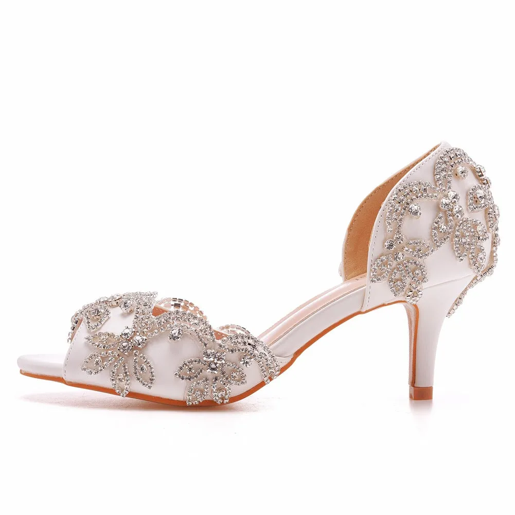 Peep Toe Satin Rhinestone Slip On High Heel