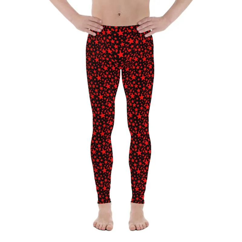 Red Star Print Meggings, Black Red Hot Premium Quality Men's Leggings- Made in USA/EU