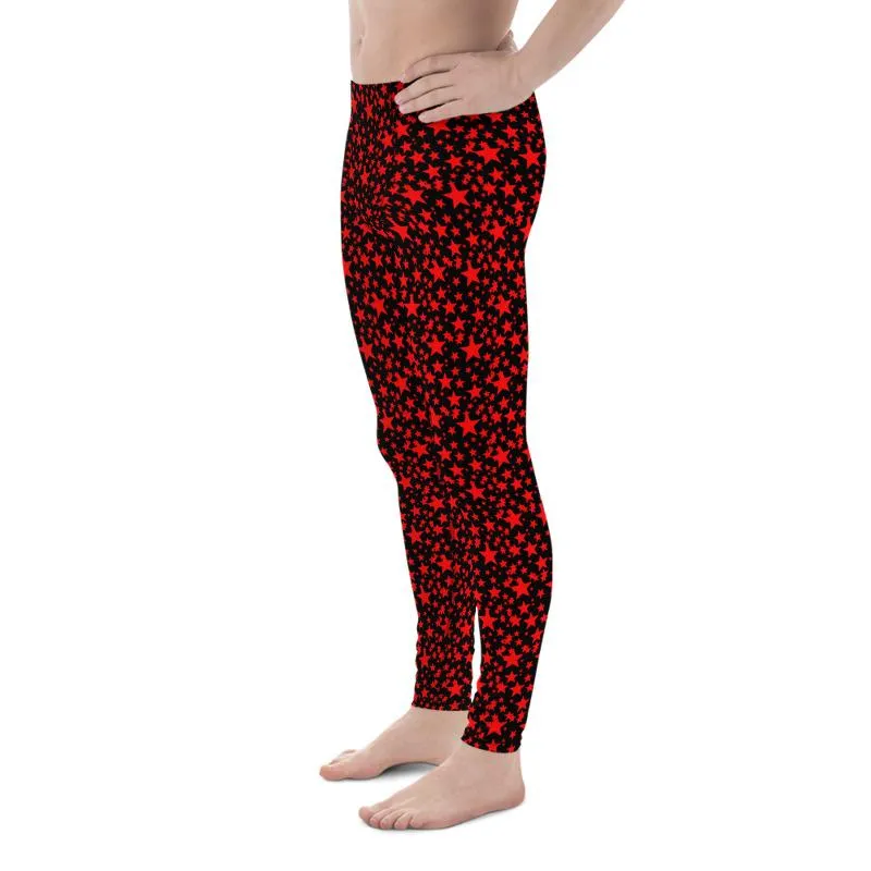 Red Star Print Meggings, Black Red Hot Premium Quality Men's Leggings- Made in USA/EU