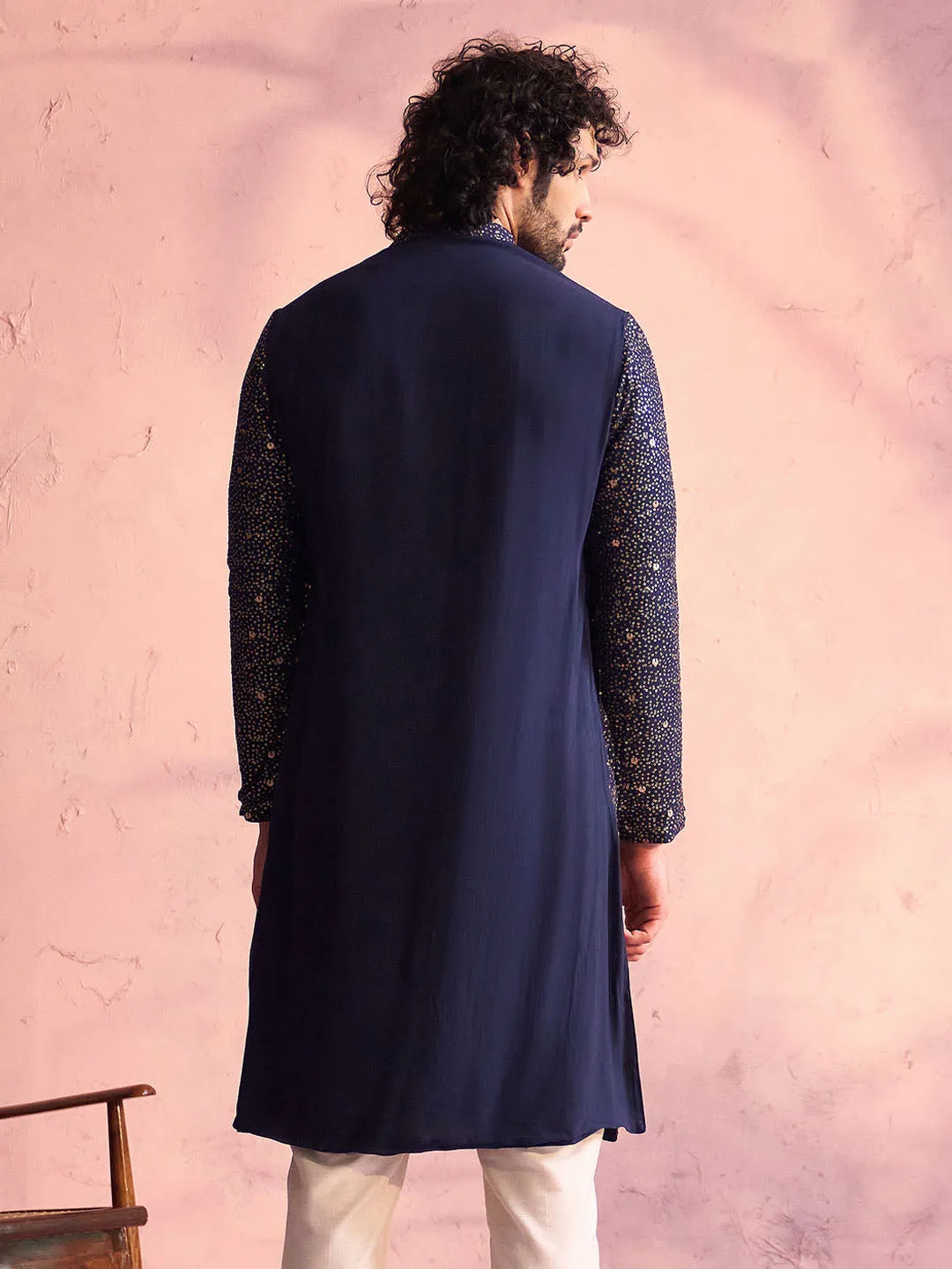 SHRESTHA By VASTRAMAY Men's Navy Blue Georgette Zari With Sequins Worked Kurta