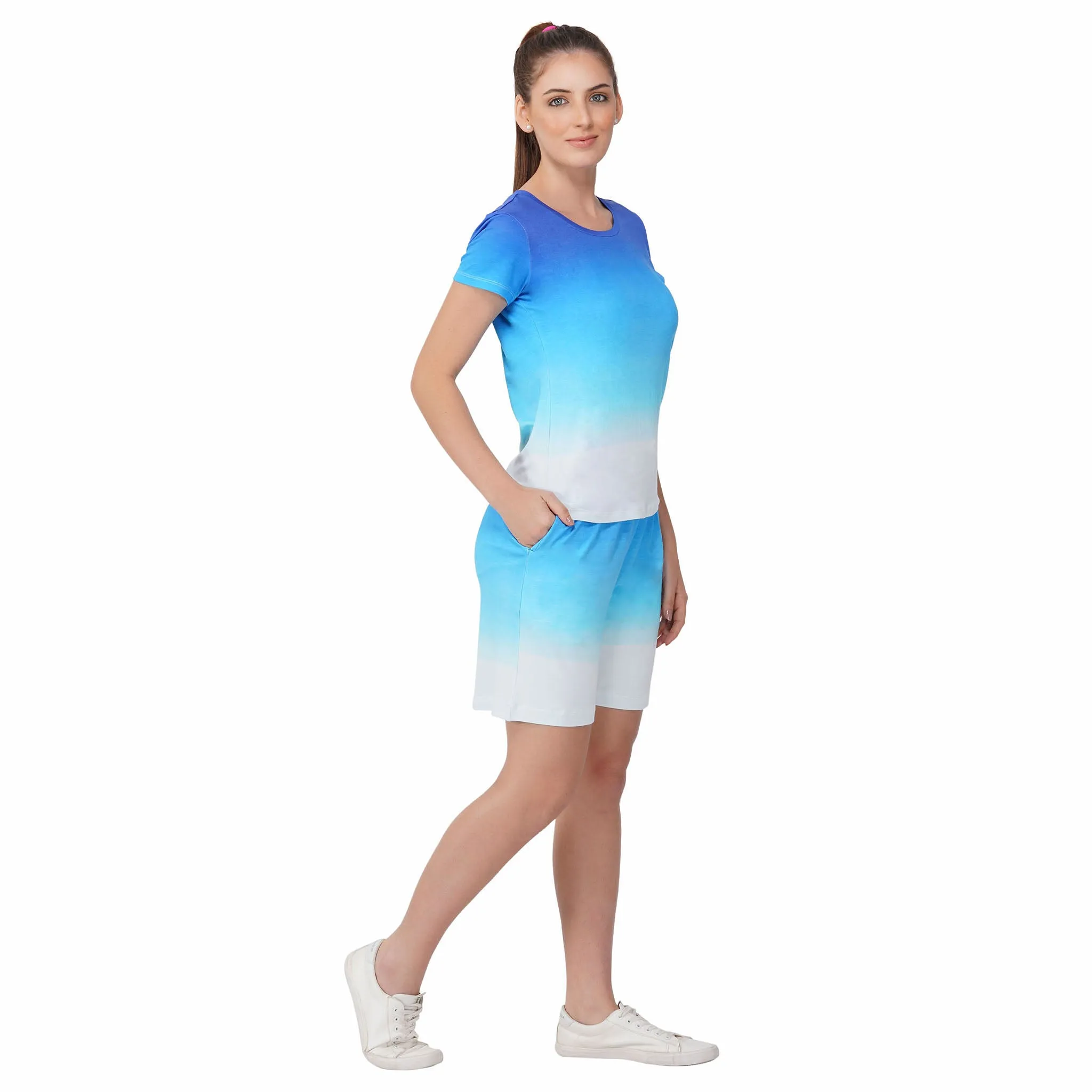 SLAY. Women's Blue to White Ombre T Shirt & Shorts Co-ord Set