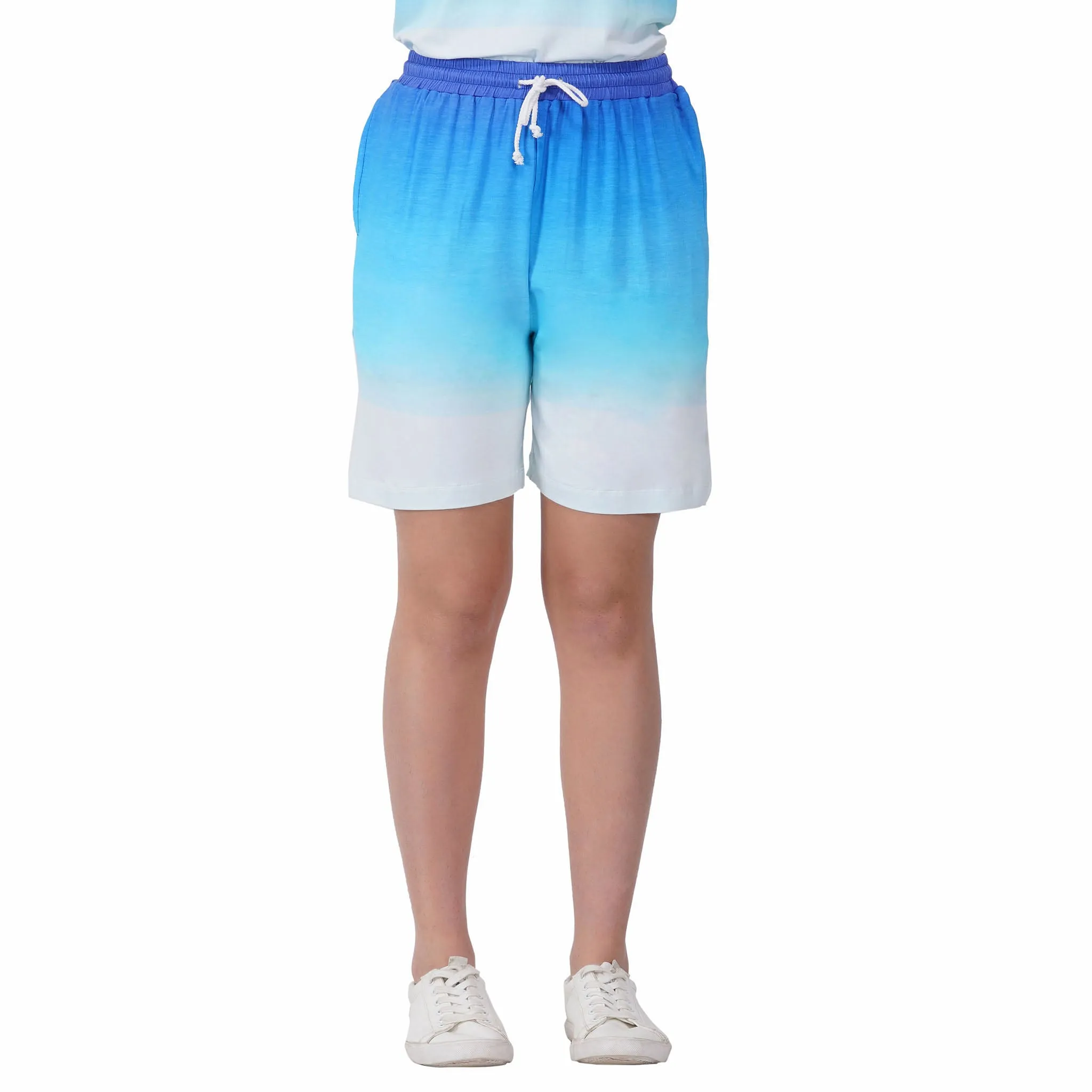 SLAY. Women's Blue to White Ombre T Shirt & Shorts Co-ord Set