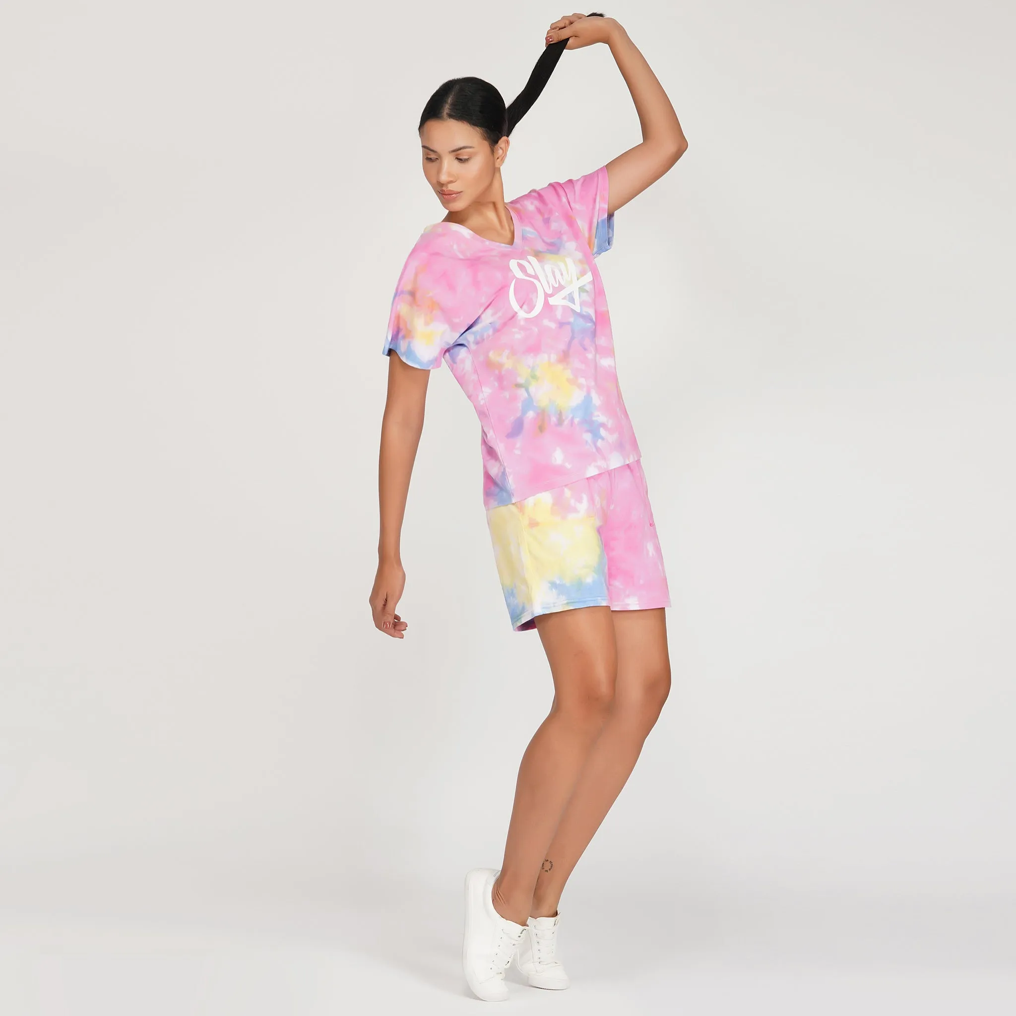 SLAY. Women's Pink Tie Dye T Shirt & Shorts Oversized Co-ord Set