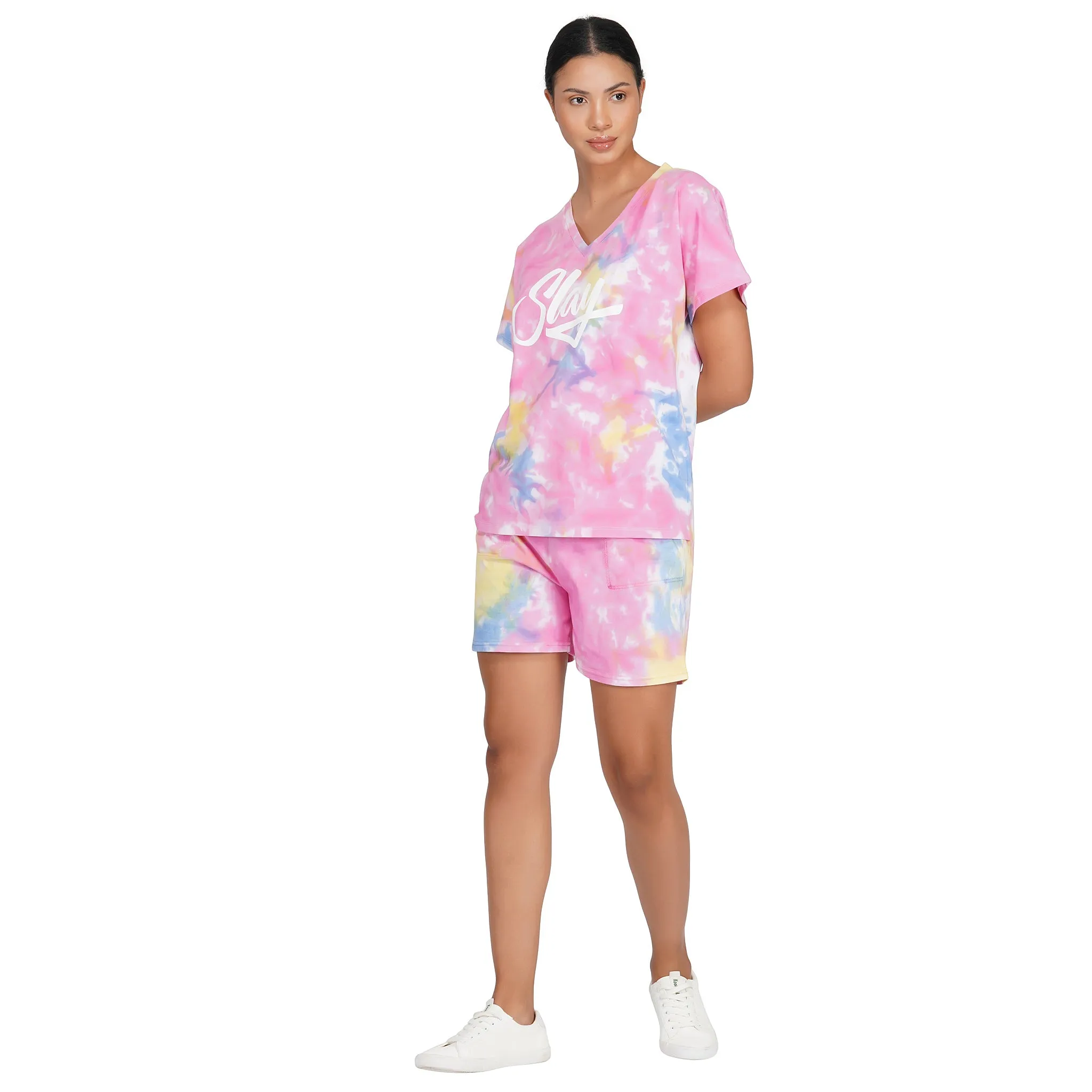 SLAY. Women's Pink Tie Dye T Shirt & Shorts Oversized Co-ord Set