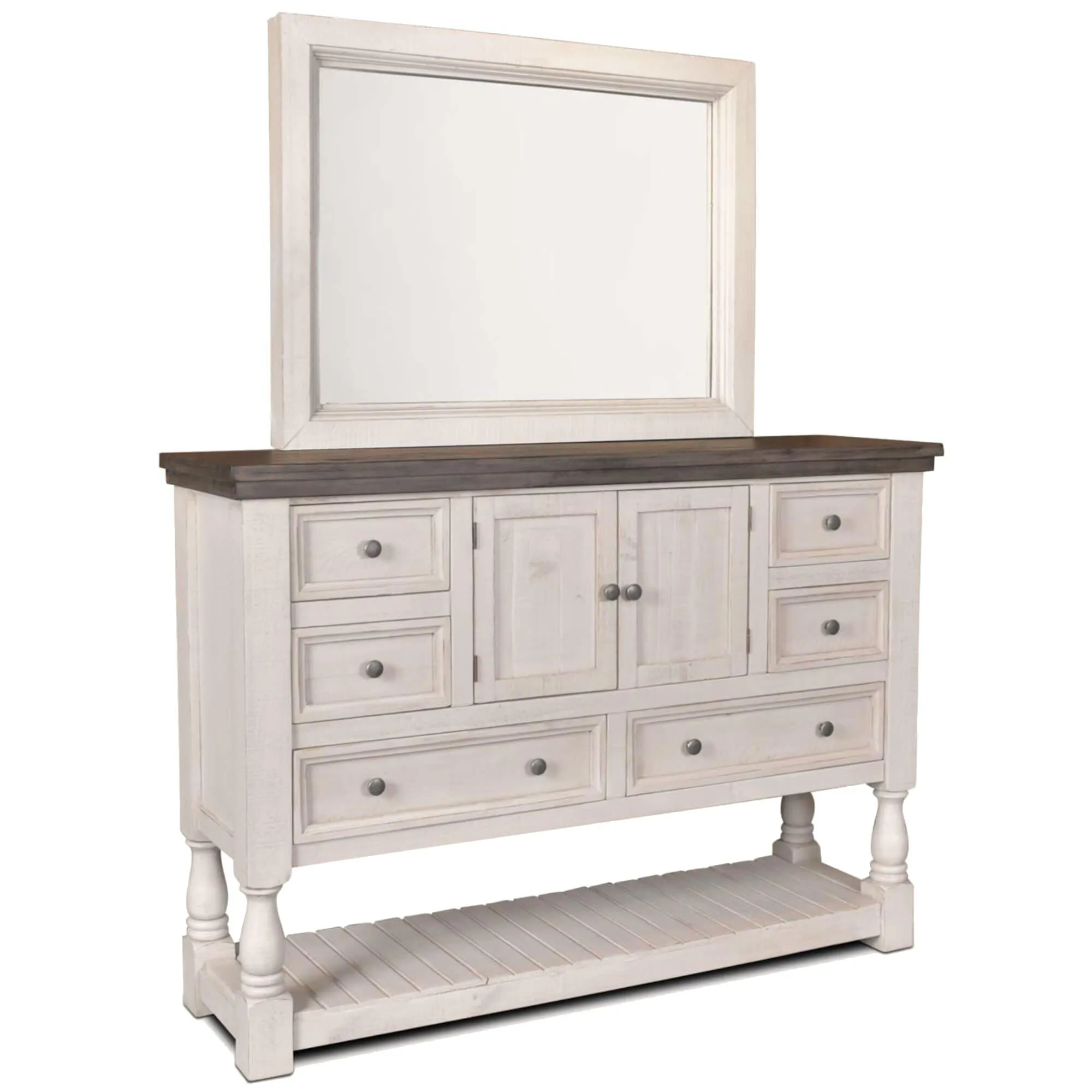 Sunset Trading Rustic French Dresser and Mirror Set in Distressed White and Brown