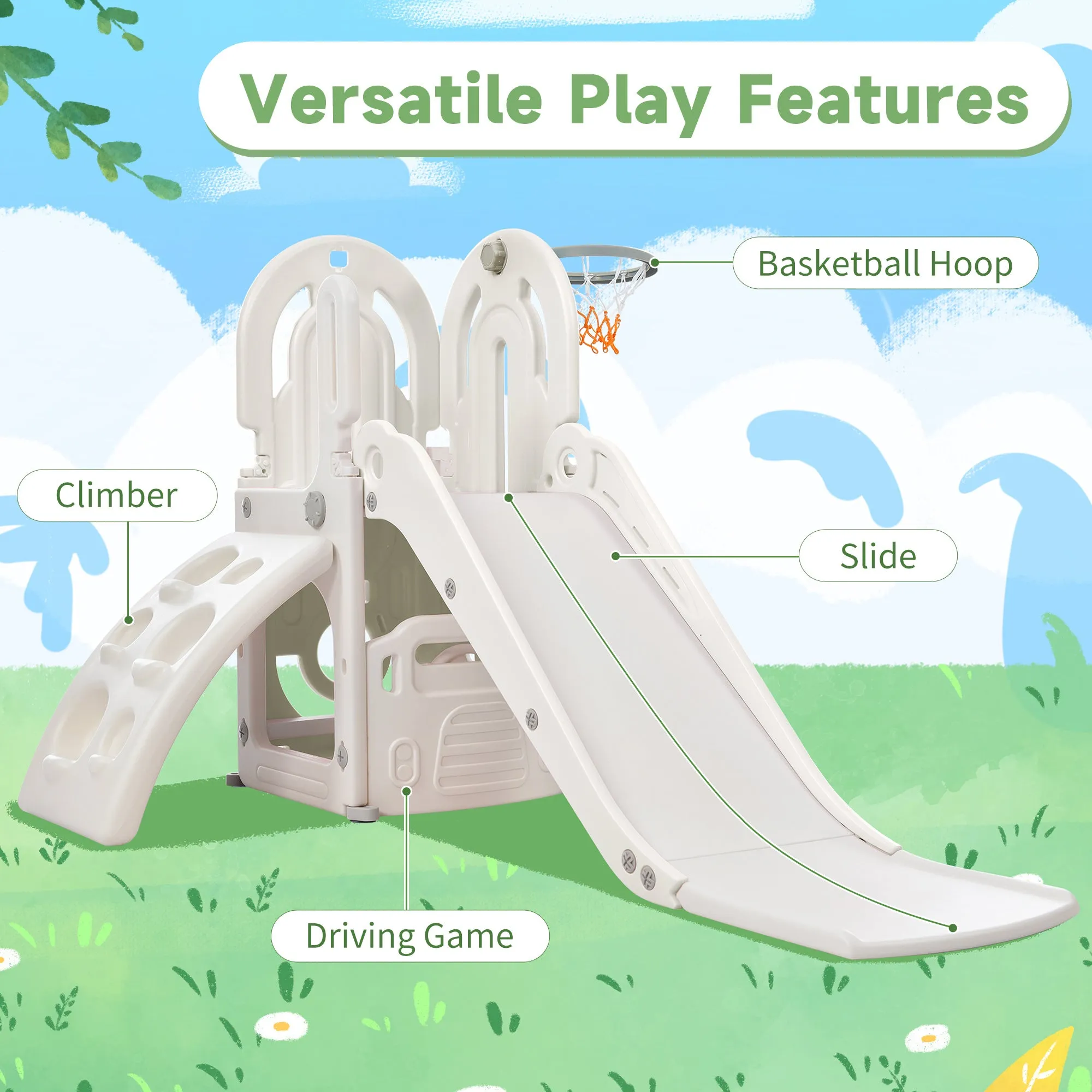 Toddler Climber and Slide Set 4 in 1; Kids Playground Climber Freestanding Slide Playset with Basketball Hoop Play Combination for Babies Indoor & Outdoor