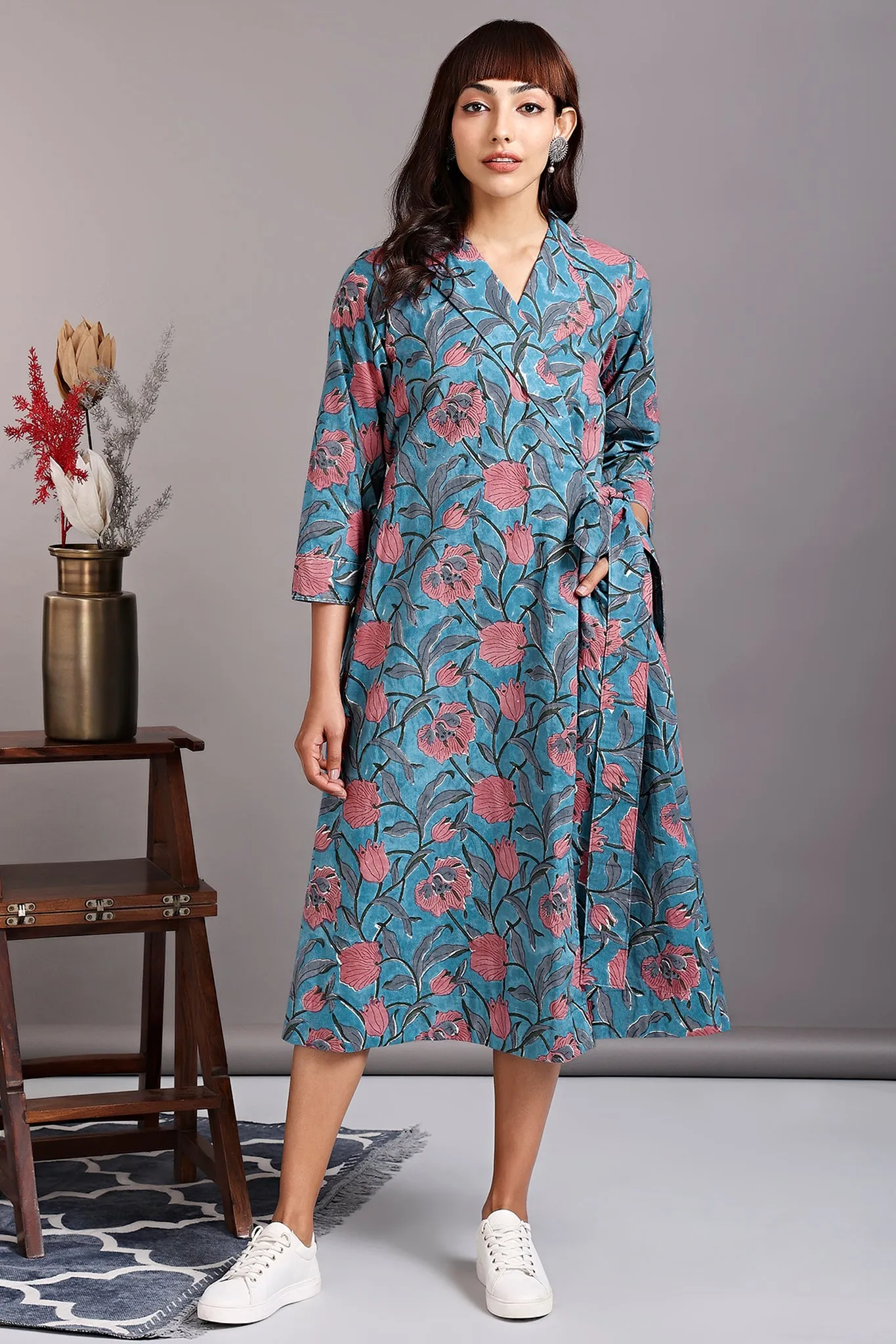 trench belt dress - amalfi skies & pink mandevilla