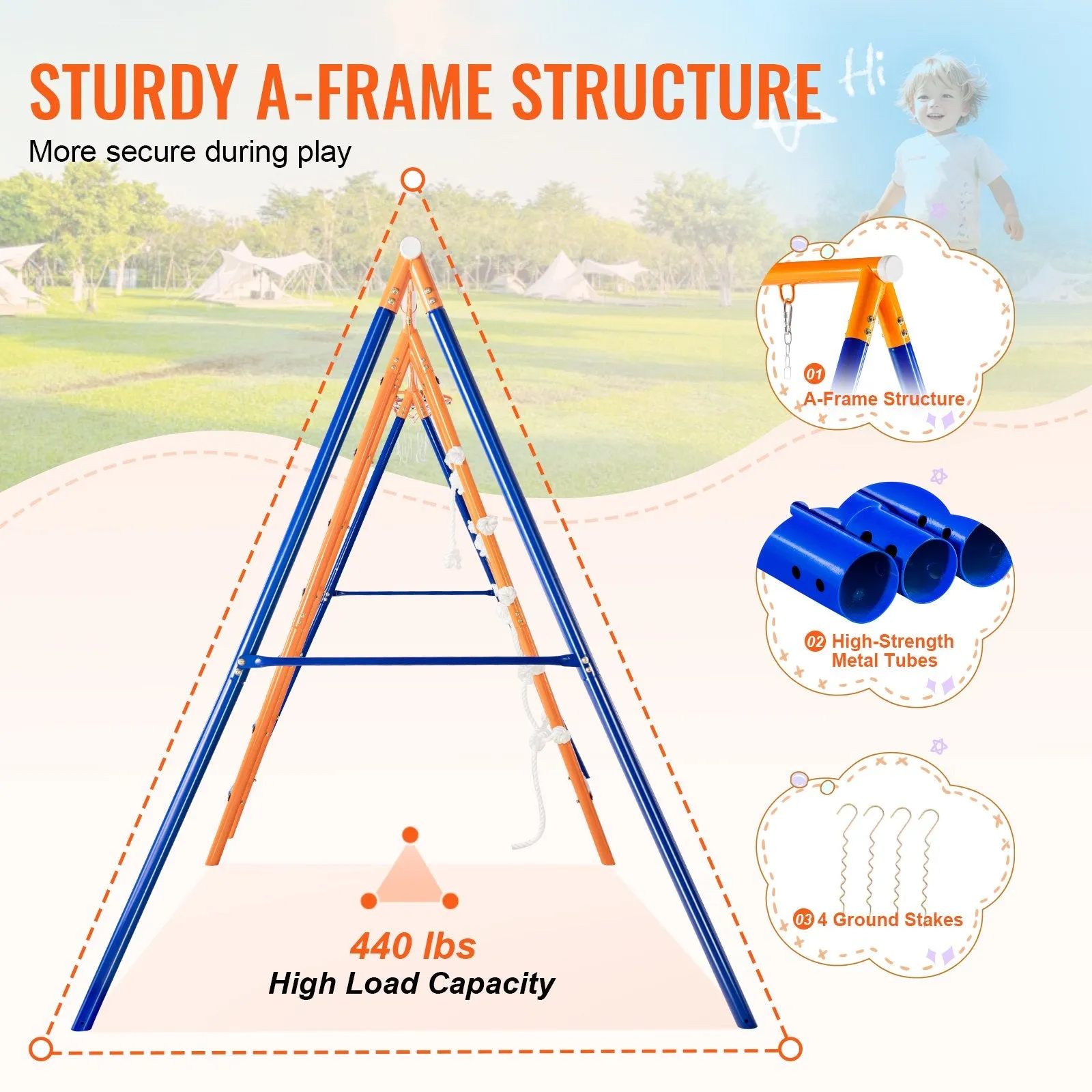 Vevor Swing Set 6-in-1 Outdoor A-Frame Playset with Swings Climbing Net Basketball Hoop 440 Lbs Capacity New