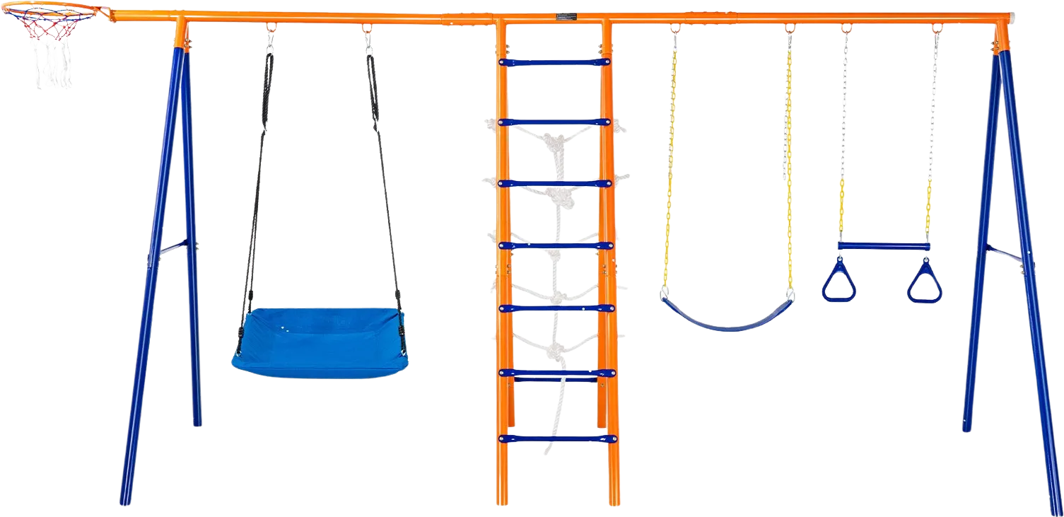 Vevor Swing Set 6-in-1 Outdoor A-Frame Playset with Swings Climbing Net Basketball Hoop 440 Lbs Capacity New