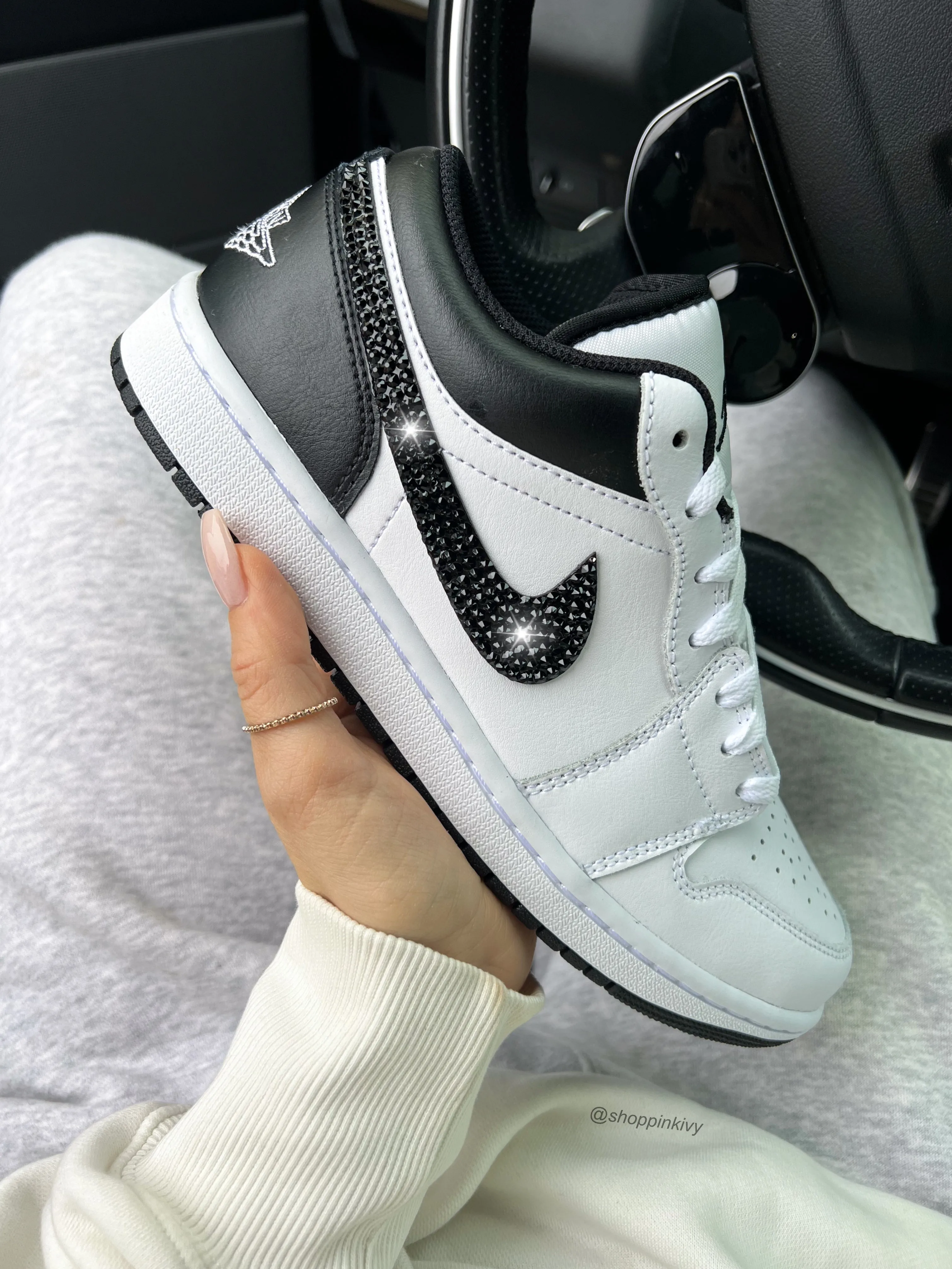 White and Black Swarovski Women’s Air Jordan 1 Low Shoes