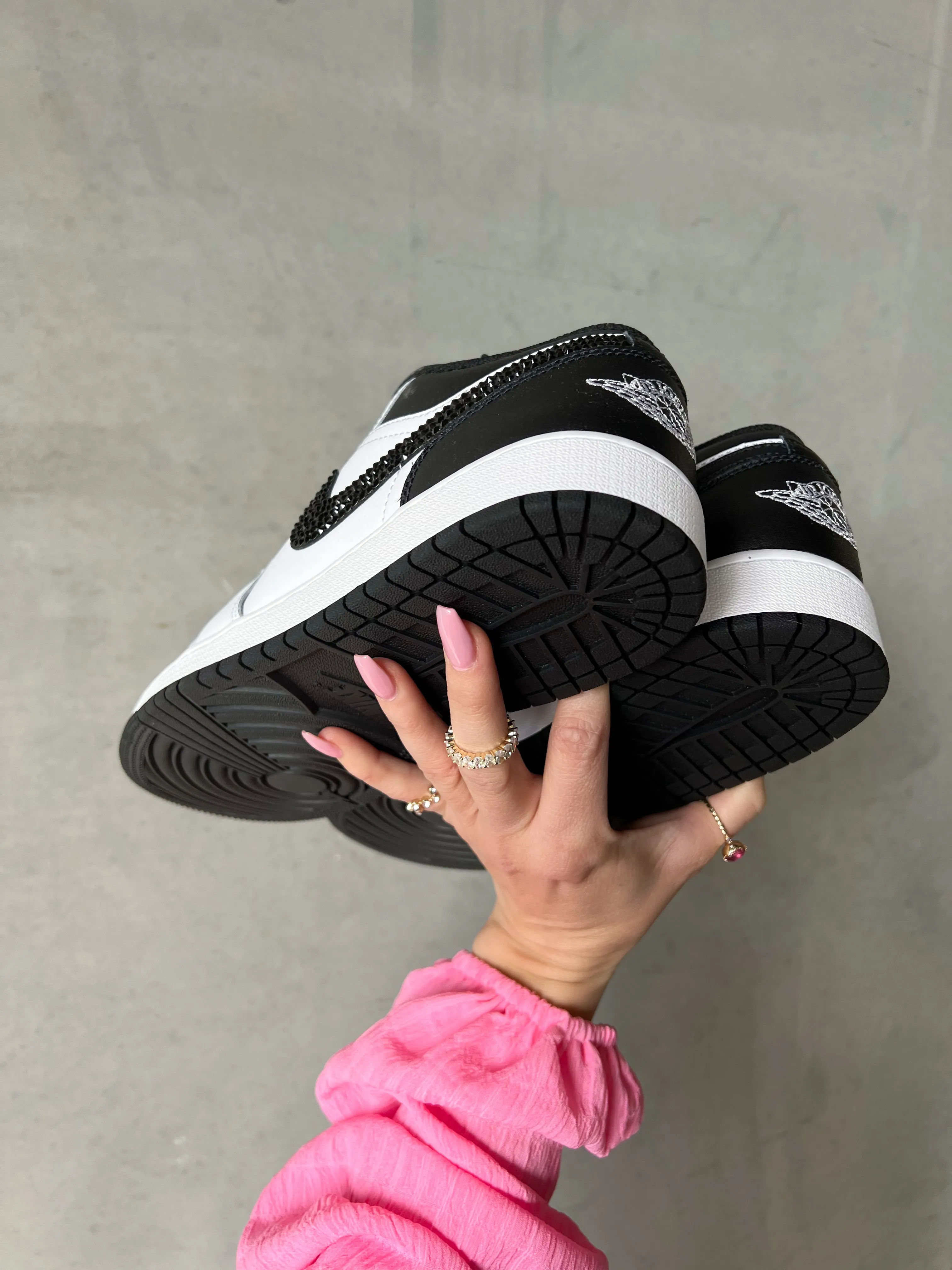 White and Black Swarovski Women’s Air Jordan 1 Low Shoes