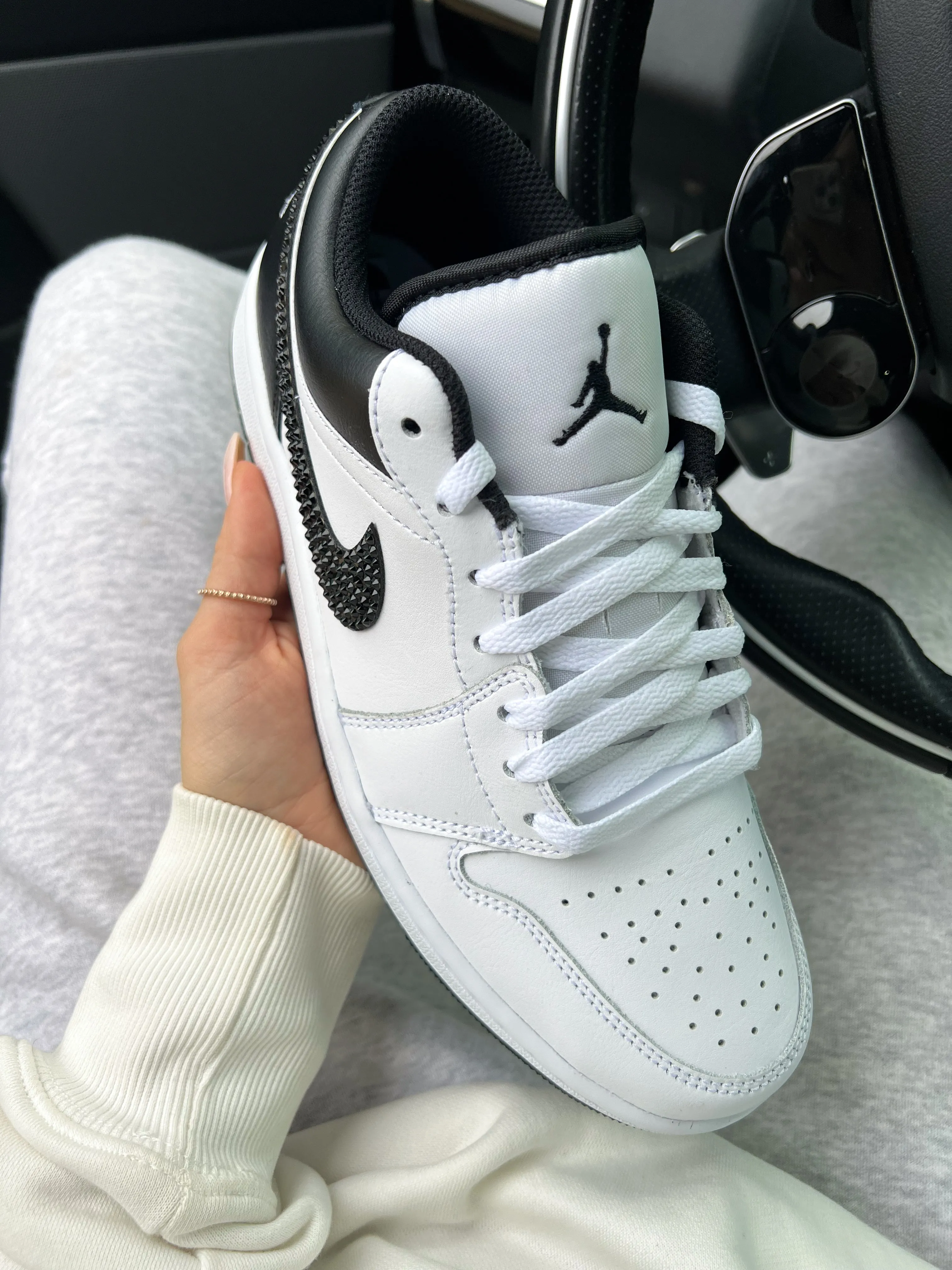 White and Black Swarovski Women’s Air Jordan 1 Low Shoes