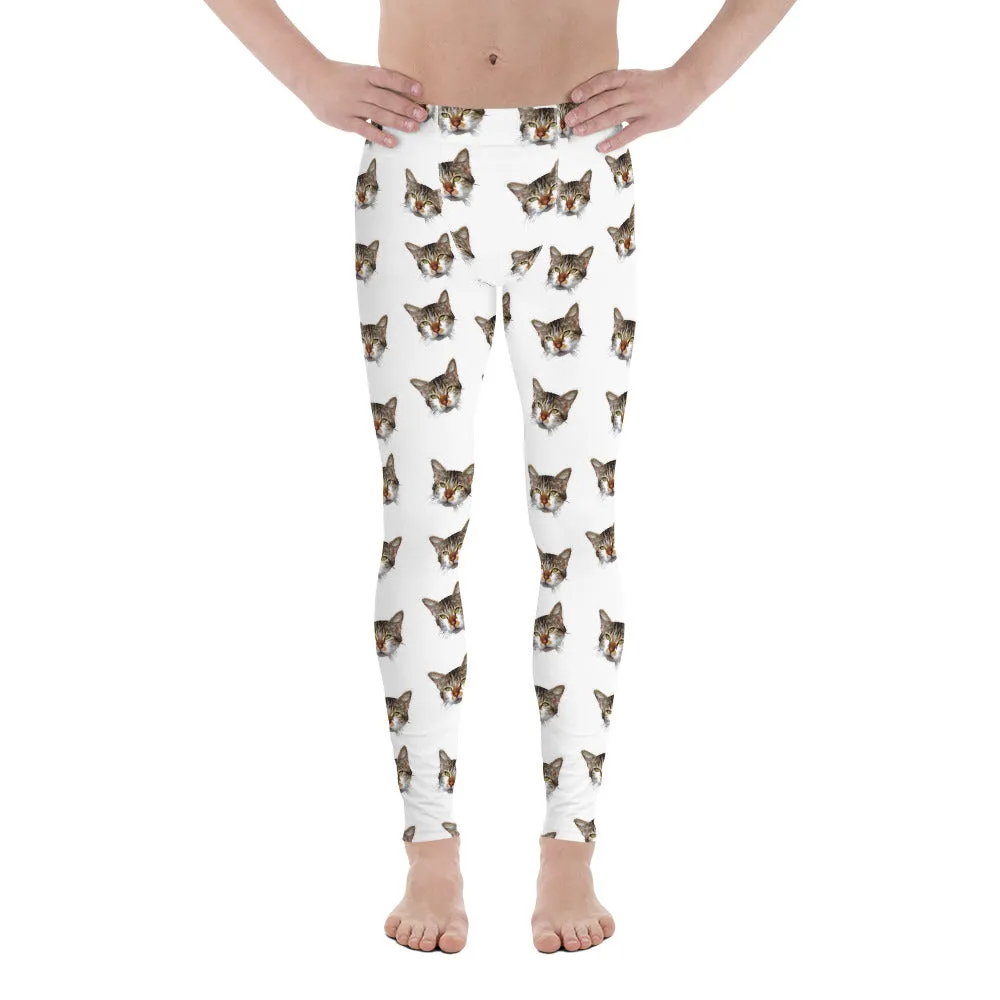 White Cat Print Meggings, Lucky Calico Cat Print Men's Leggings Tights-Made in USA/EU