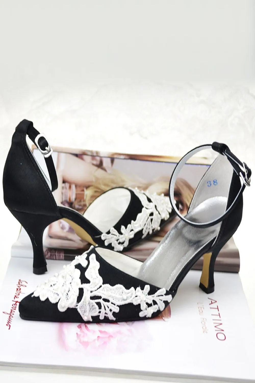 White Lace Ankle Strap Pointed Toe Black Women Shoes S52