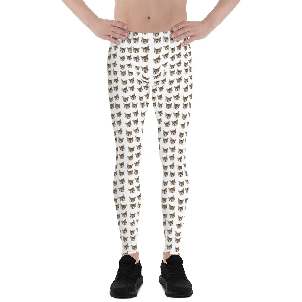 White Tabby Cat Men's Leggings, Peanut Meow Cat Designer Men Tights- Made in USA/EU/MX