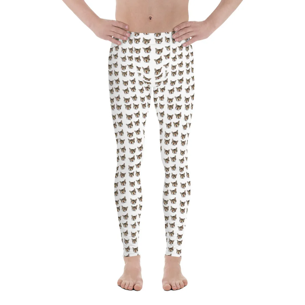 White Tabby Cat Men's Leggings, Peanut Meow Cat Designer Men Tights- Made in USA/EU/MX