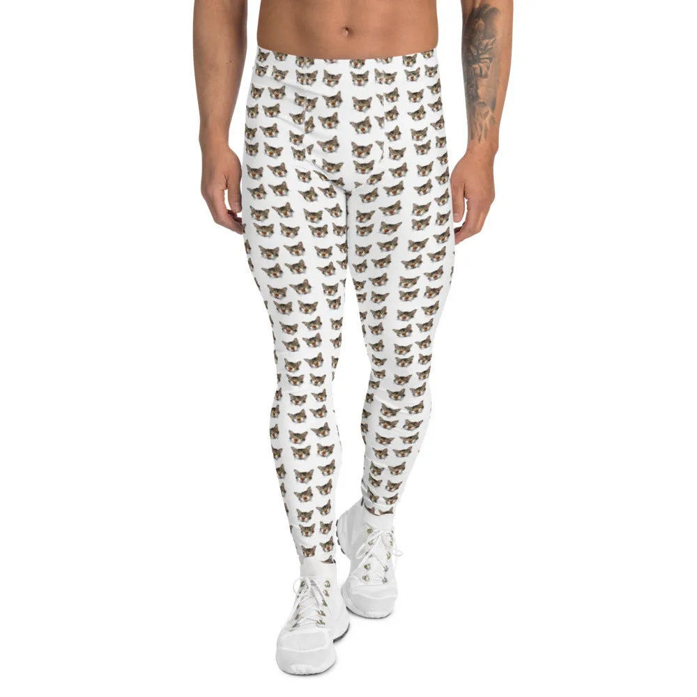 White Tabby Cat Men's Leggings, Peanut Meow Cat Designer Men Tights- Made in USA/EU/MX