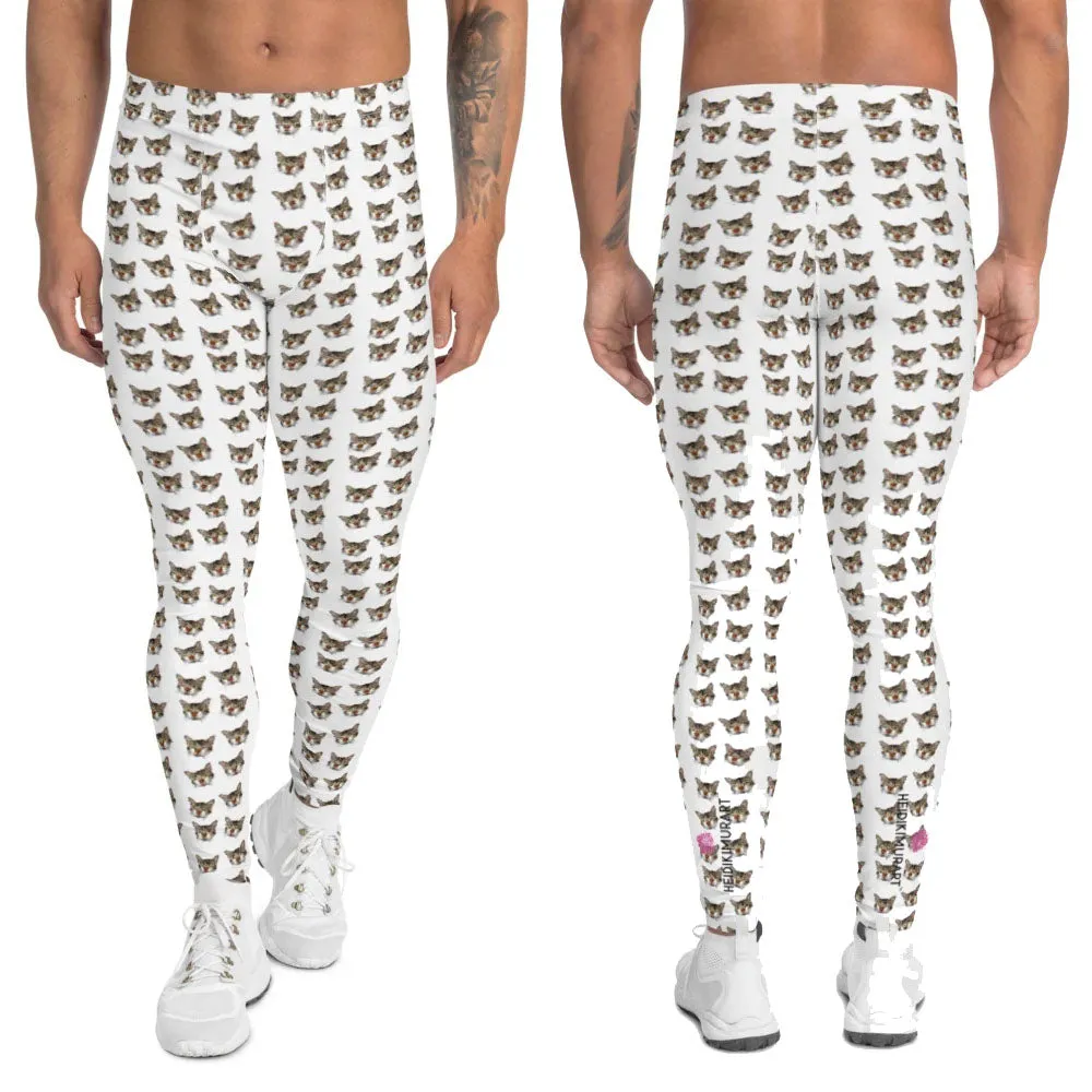 White Tabby Cat Men's Leggings, Peanut Meow Cat Designer Men Tights- Made in USA/EU/MX