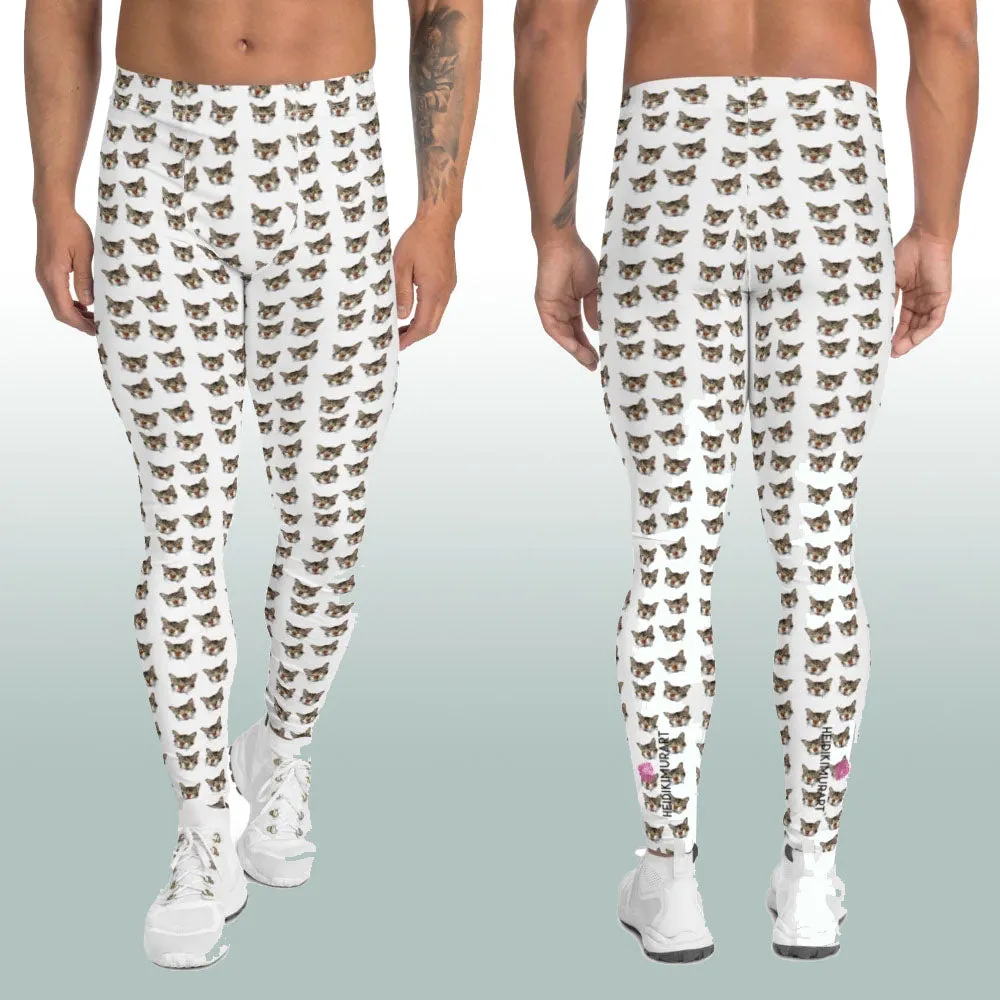 White Tabby Cat Men's Leggings, Peanut Meow Cat Designer Men Tights- Made in USA/EU/MX