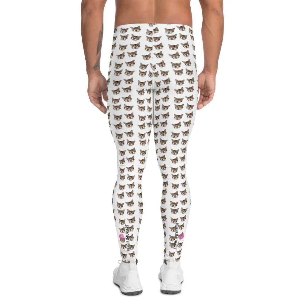 White Tabby Cat Men's Leggings, Peanut Meow Cat Designer Men Tights- Made in USA/EU/MX